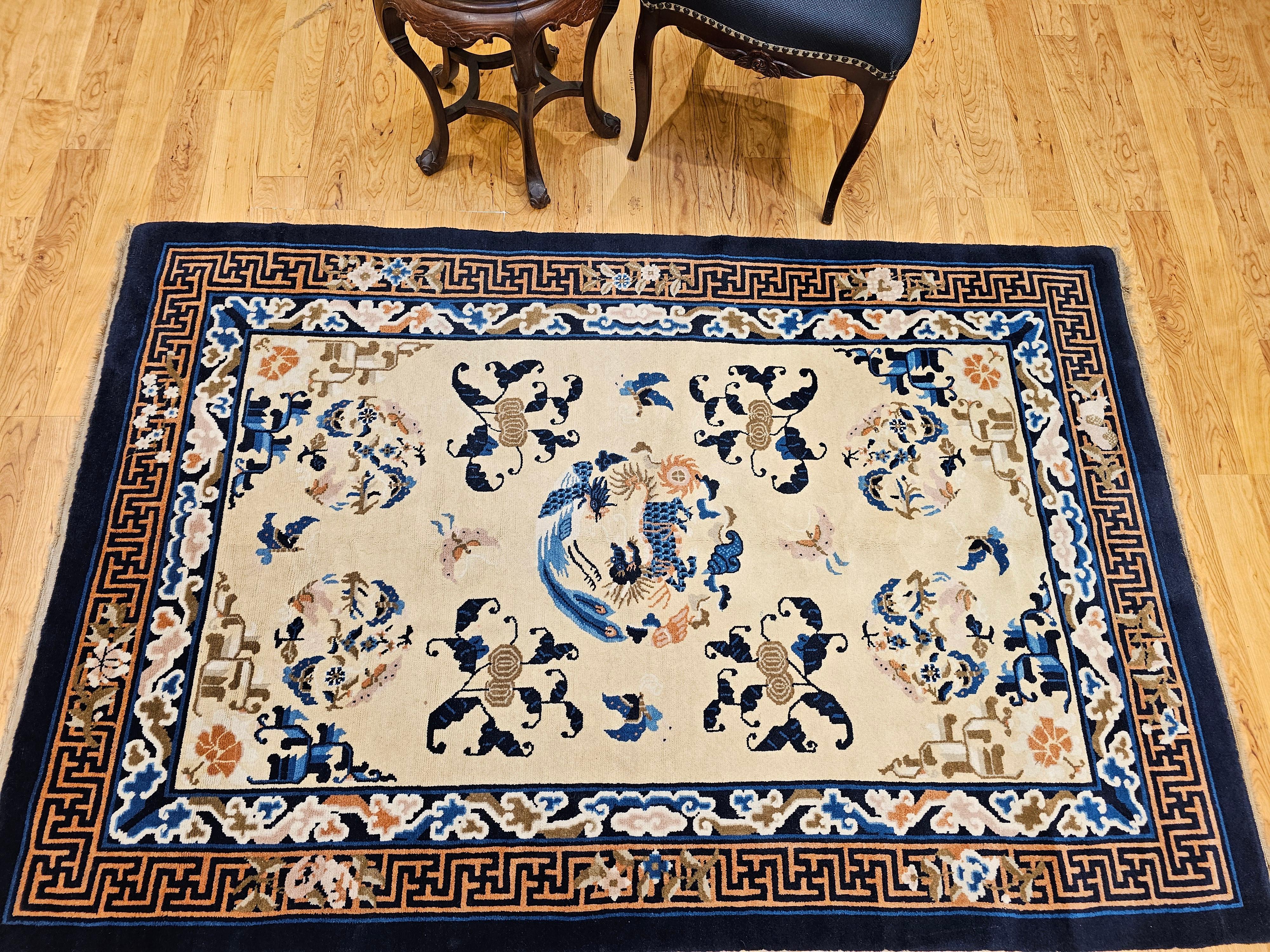 Vintage Chinese Art Deco Rug with Qulin and Phoenix in Navy, Blue, Ivory, Brown For Sale 9