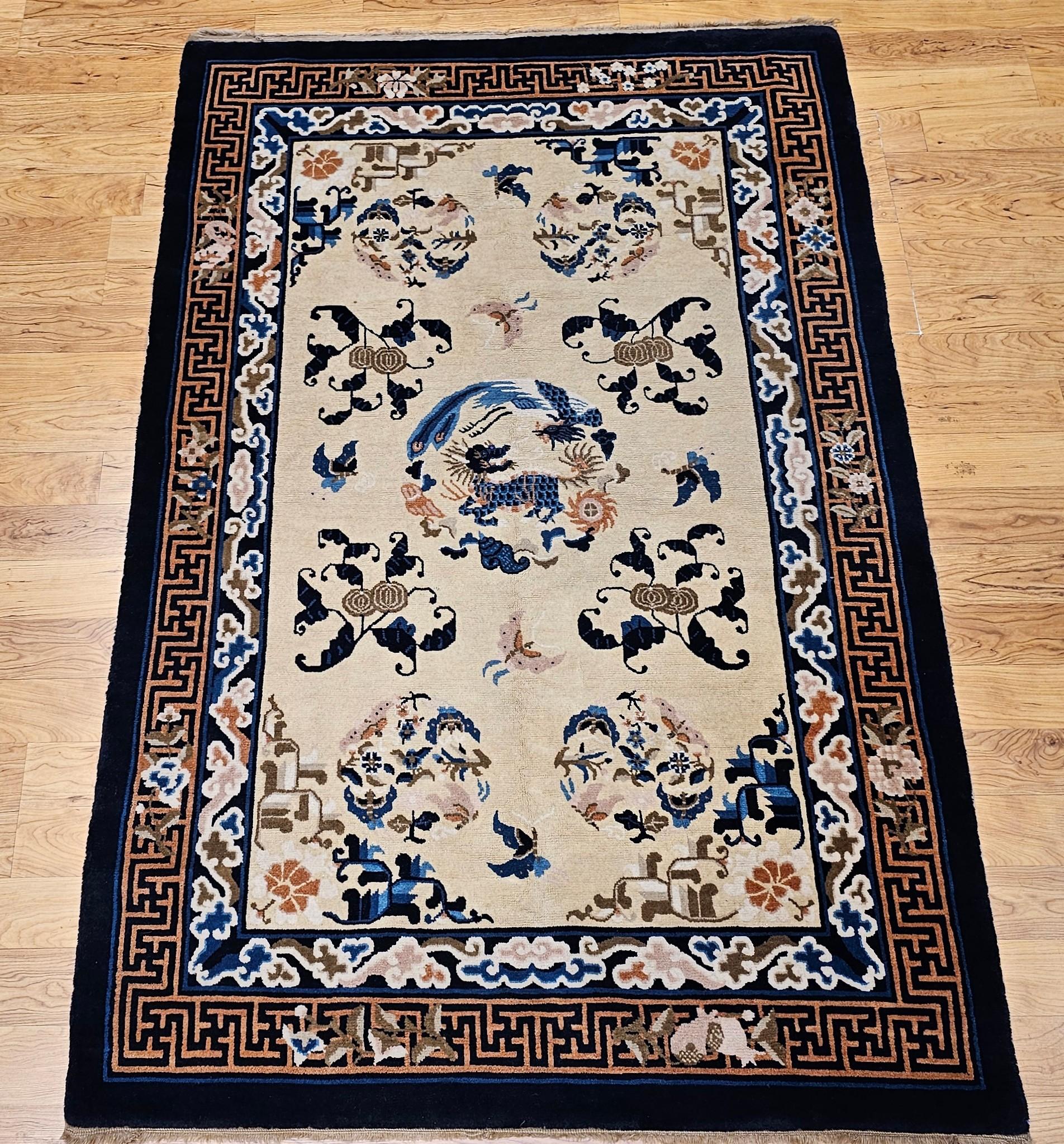 Vintage Chinese Art Deco Rug with Qulin and Phoenix in Navy, Blue, Ivory, Brown For Sale 10