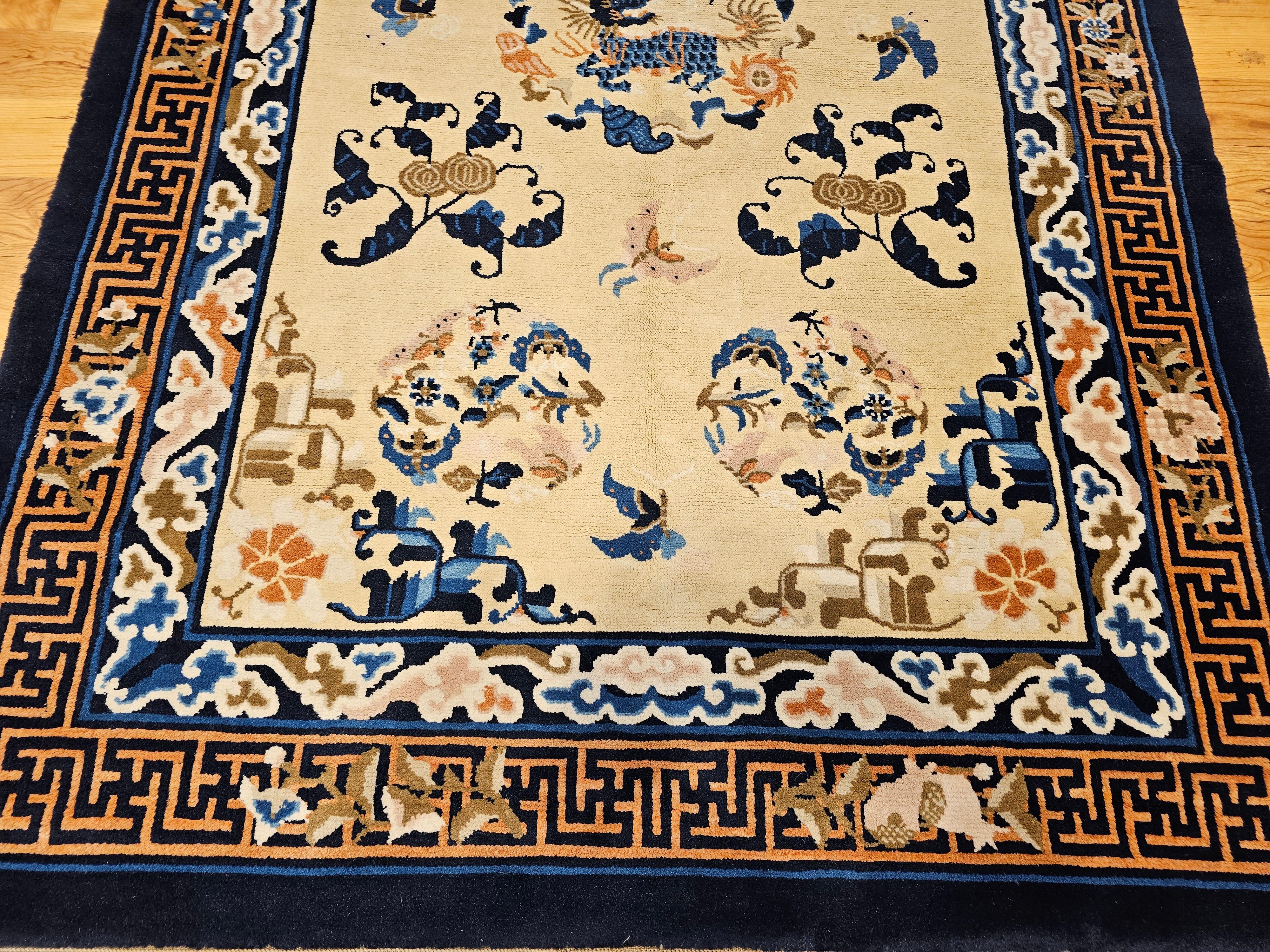 Hand-Knotted Vintage Chinese Art Deco Rug with Qulin and Phoenix in Navy, Blue, Ivory, Brown For Sale