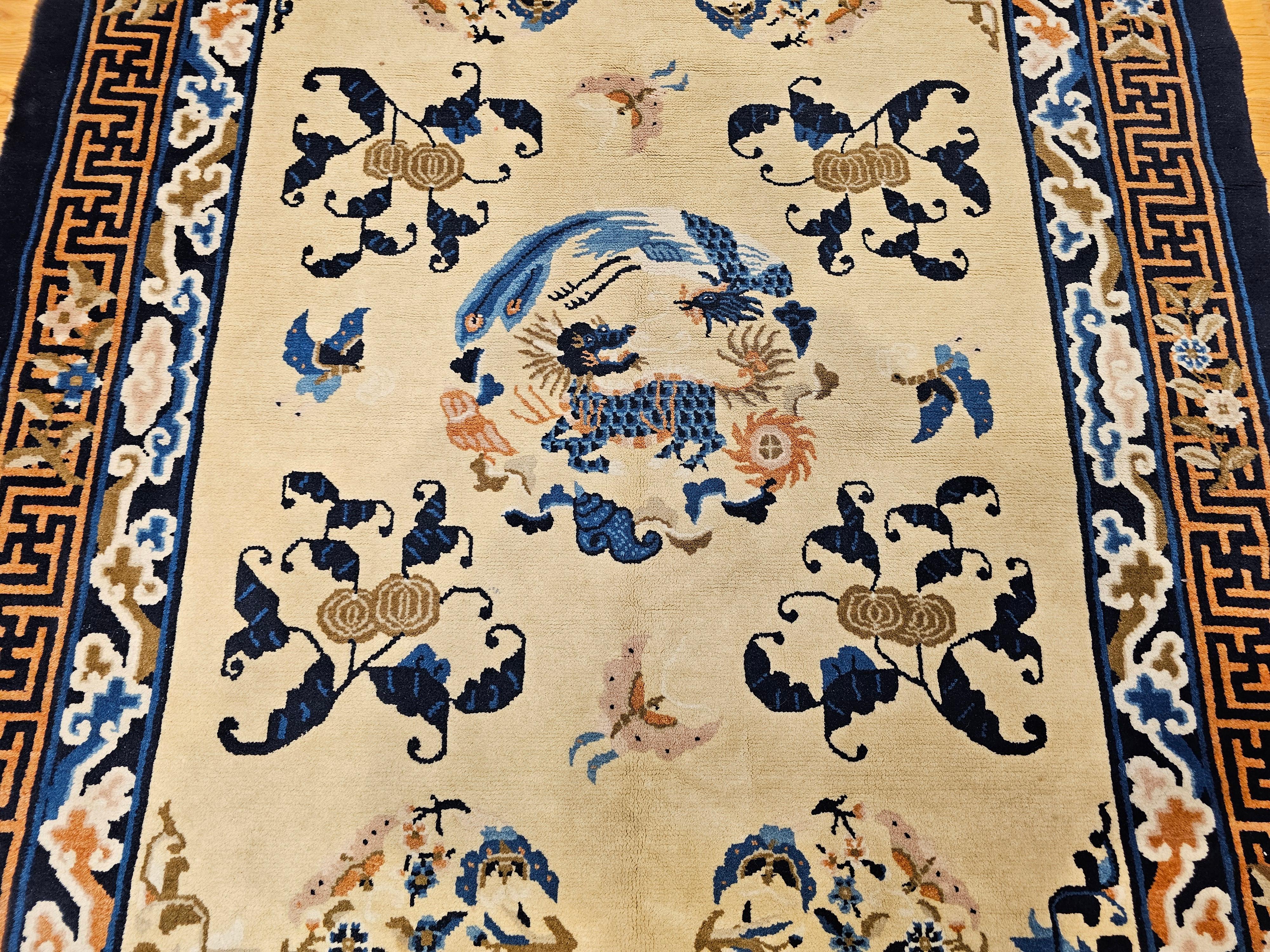 Vintage Chinese Art Deco Rug with Qulin and Phoenix in Navy, Blue, Ivory, Brown In Good Condition For Sale In Barrington, IL
