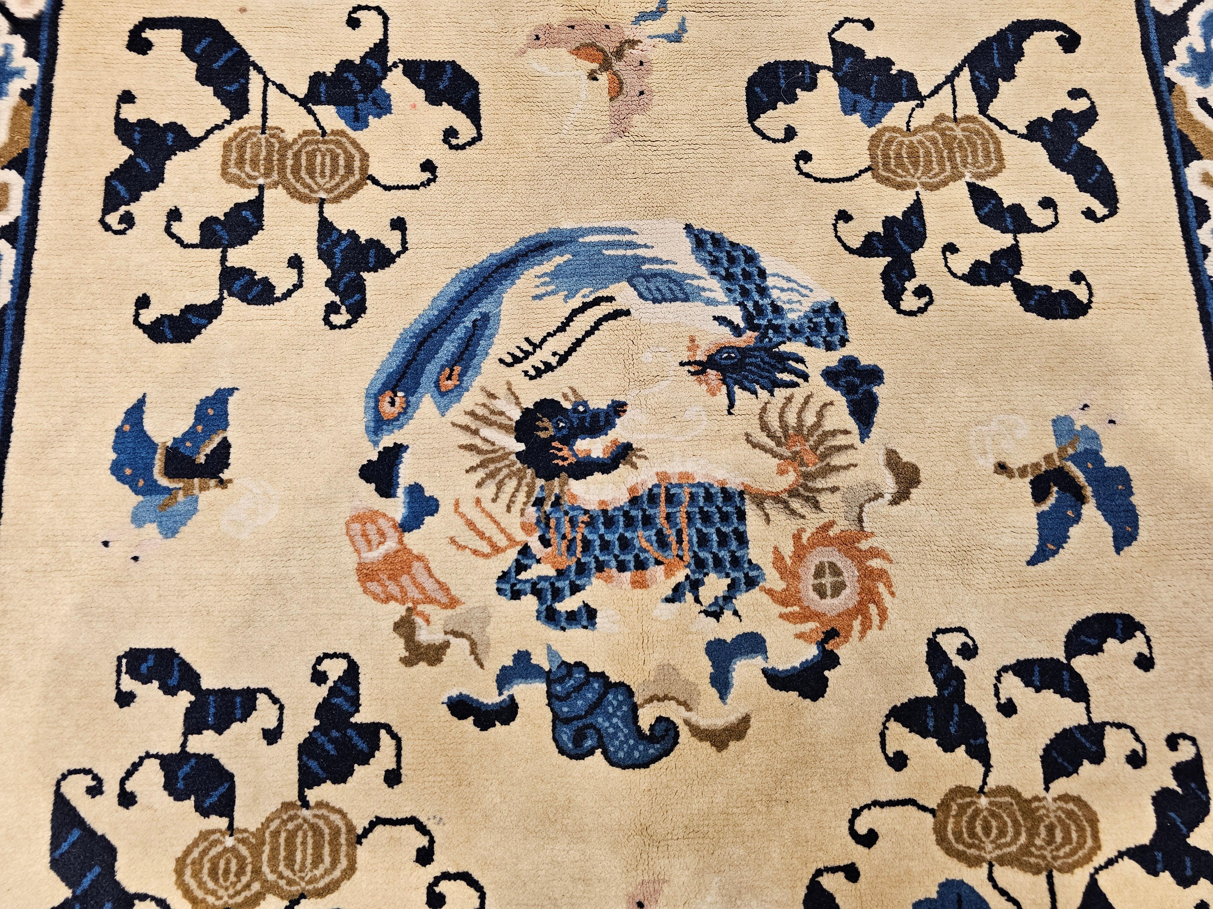 Wool Vintage Chinese Art Deco Rug with Qulin and Phoenix in Navy, Blue, Ivory, Brown For Sale