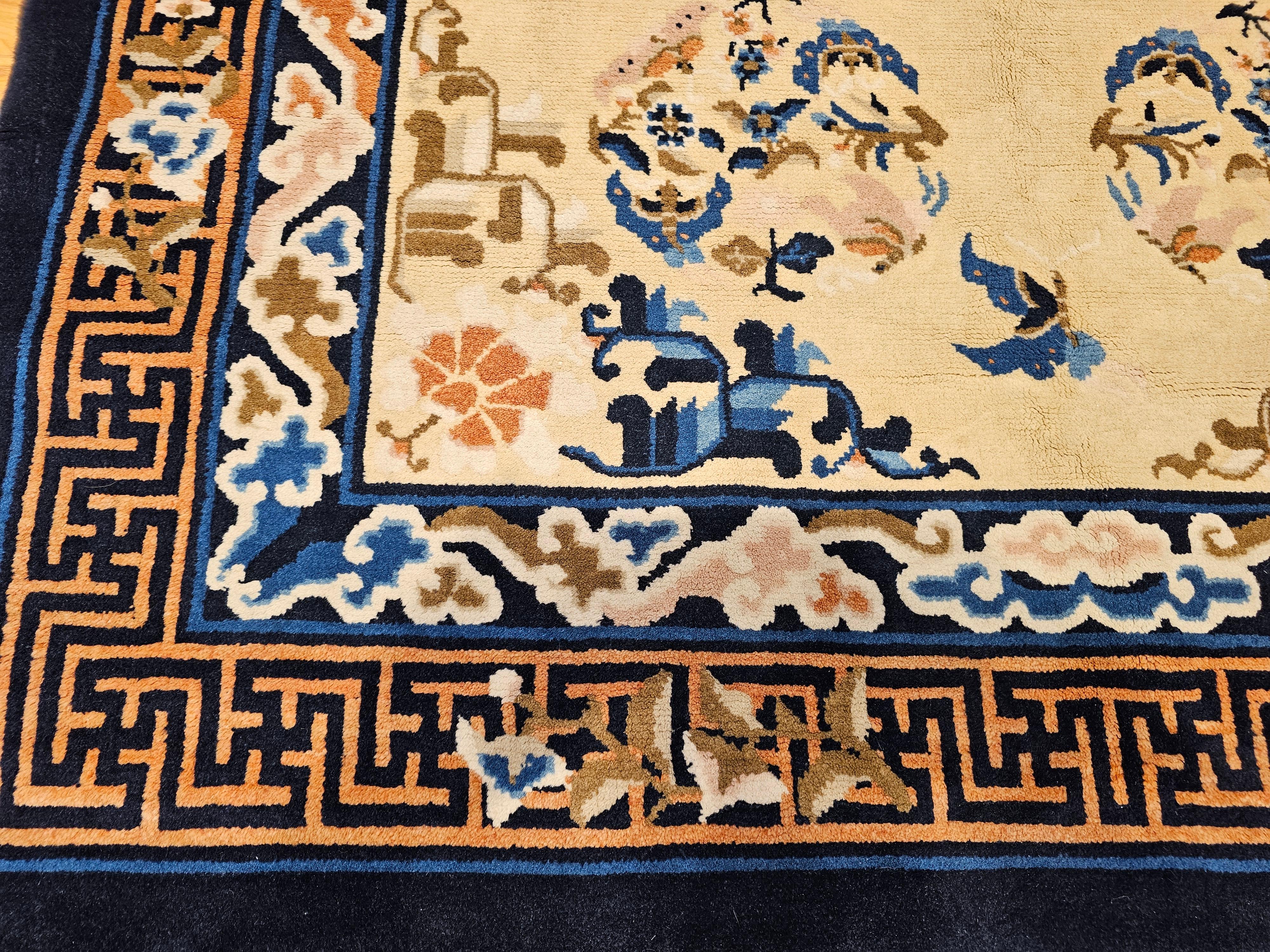 Chinesischer Vintage Art Deco Teppich mit Qulin und Phoenix in Marine, Blau, Elfenbein, Braun im Angebot 2