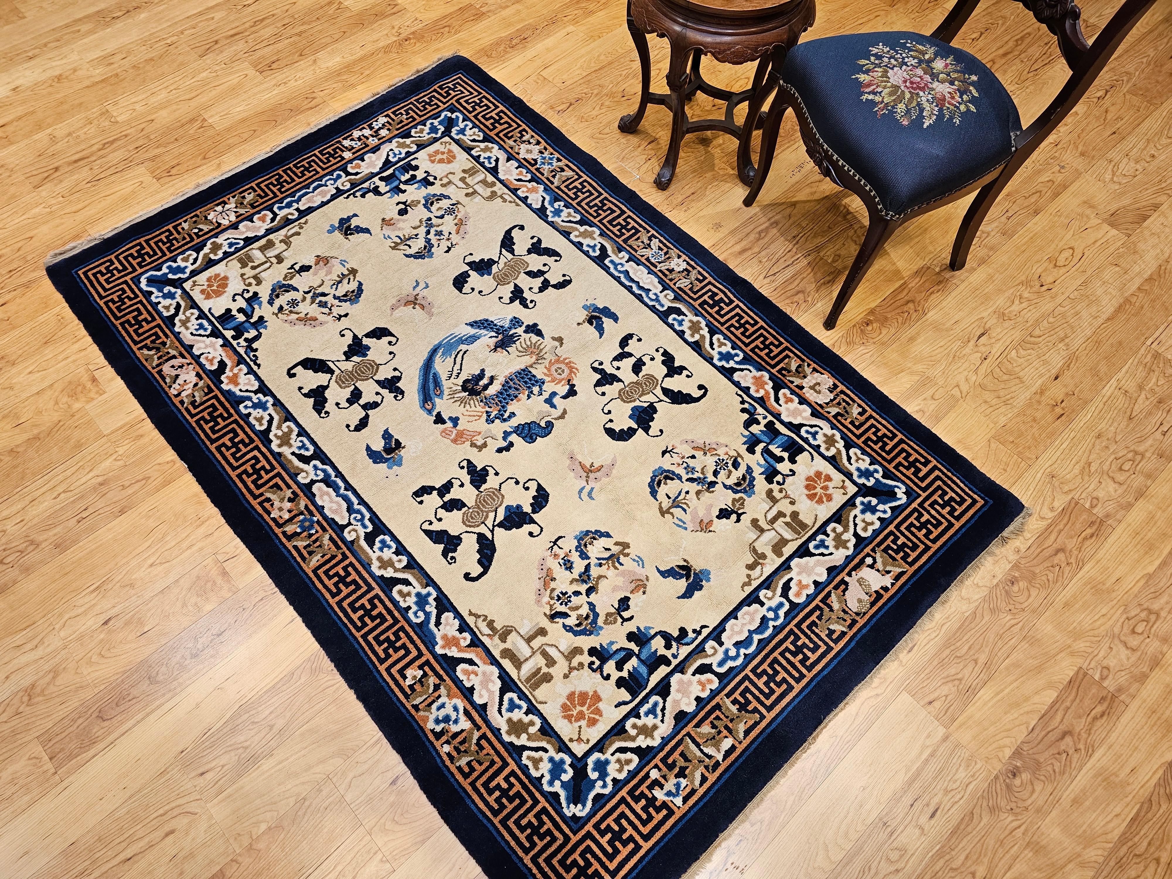 Vintage Chinese Art Deco Rug with Qulin and Phoenix in Navy, Blue, Ivory, Brown For Sale 3