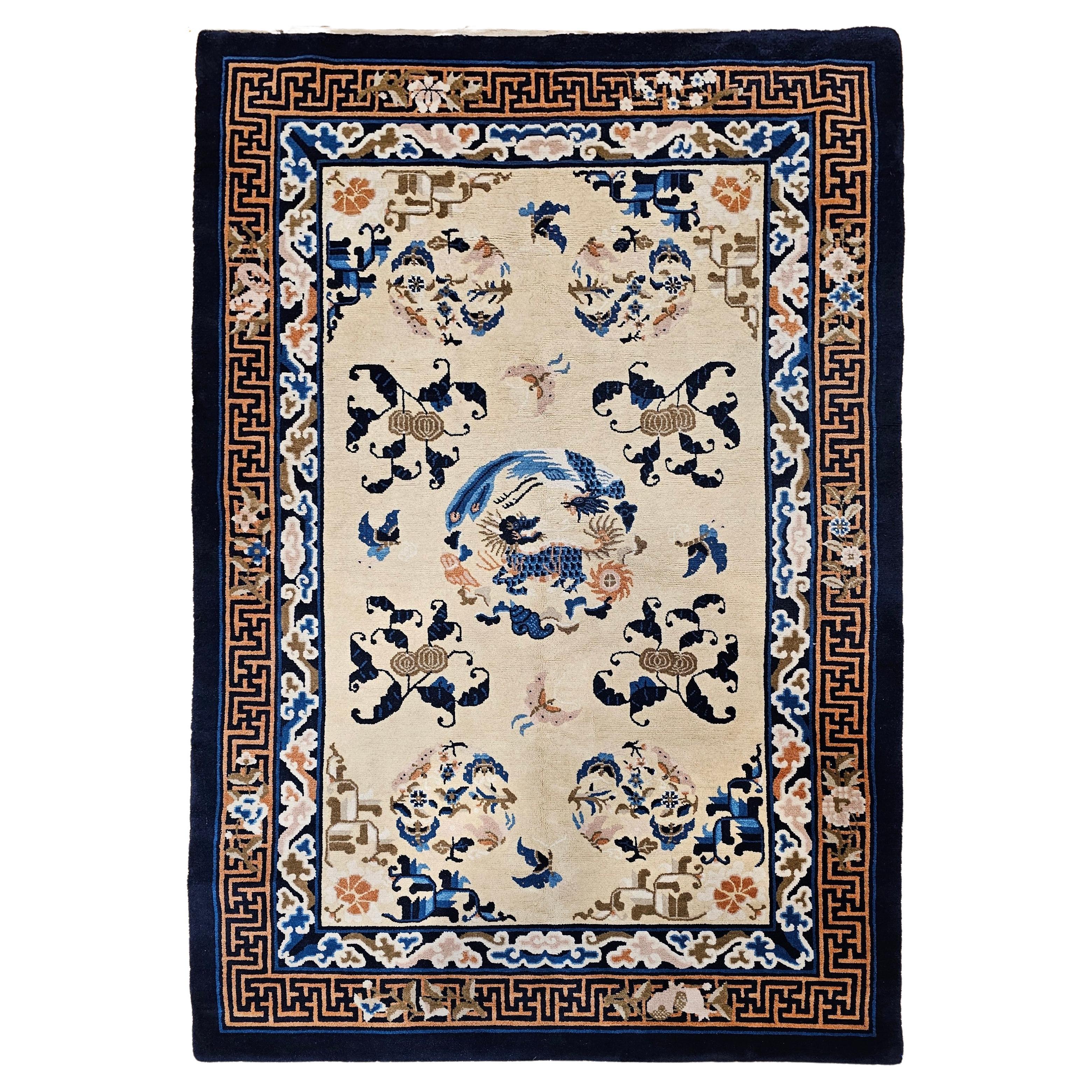 Vintage Chinese Art Deco Rug with Qulin and Phoenix in Navy, Blue, Ivory, Brown For Sale
