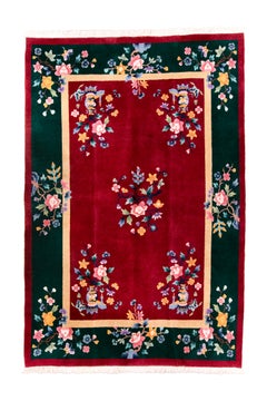 Vintage Chinese Art Deco Rug with Ruby Red Field and Emerald Green Floral Border