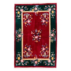 Vintage Chinese Art Deco Rug with Ruby Red Field and Emerald Green Floral Border