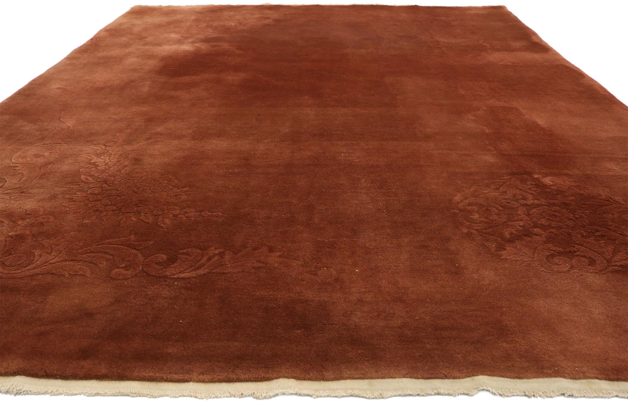 Hand-Knotted Vintage Chinese Art Deco Rug with Rustic Style and Warm, Neutral Colors