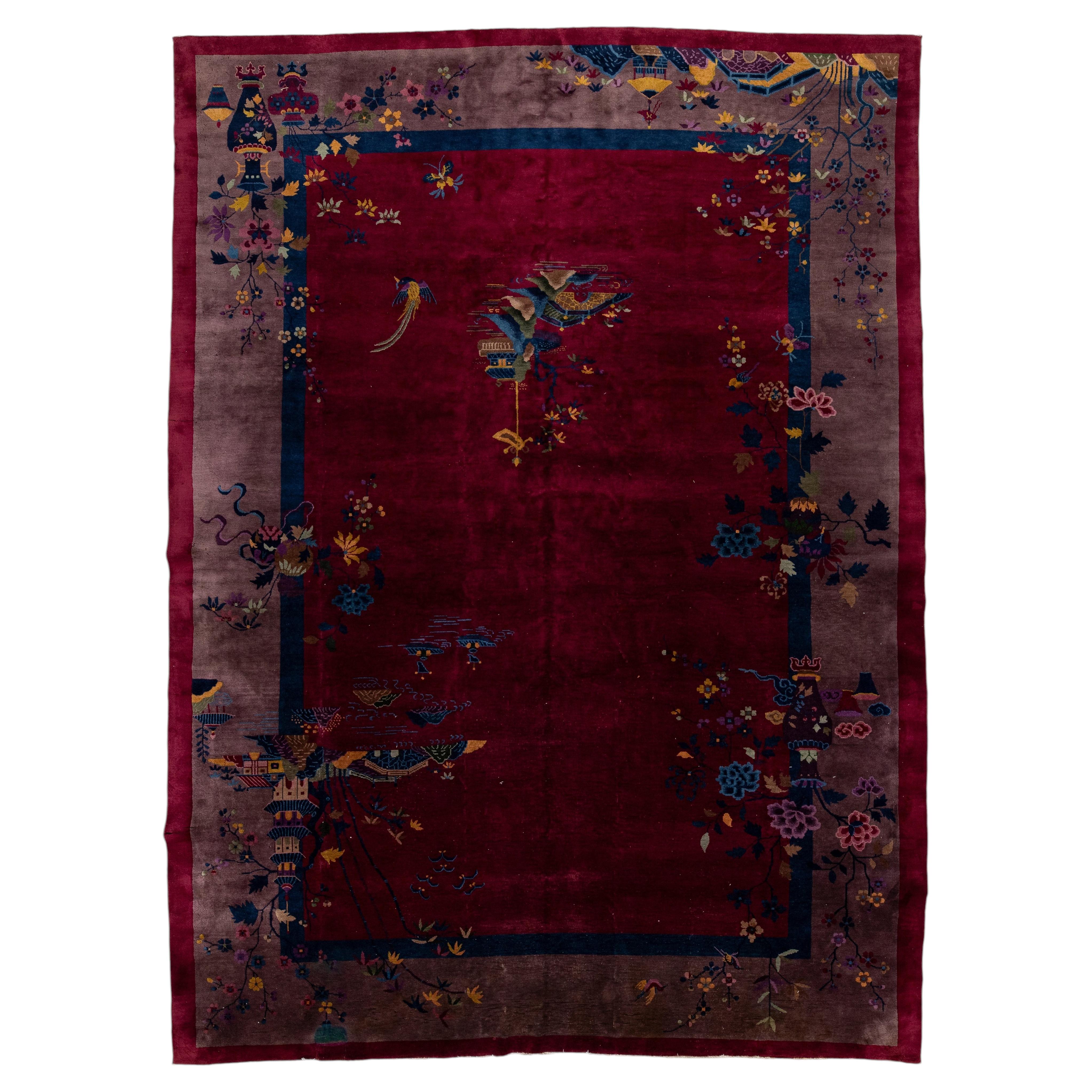 Vintage Chinese Art Deco Wool Rug 9 Ft 11 In X 13 Ft 6 In. For Sale
