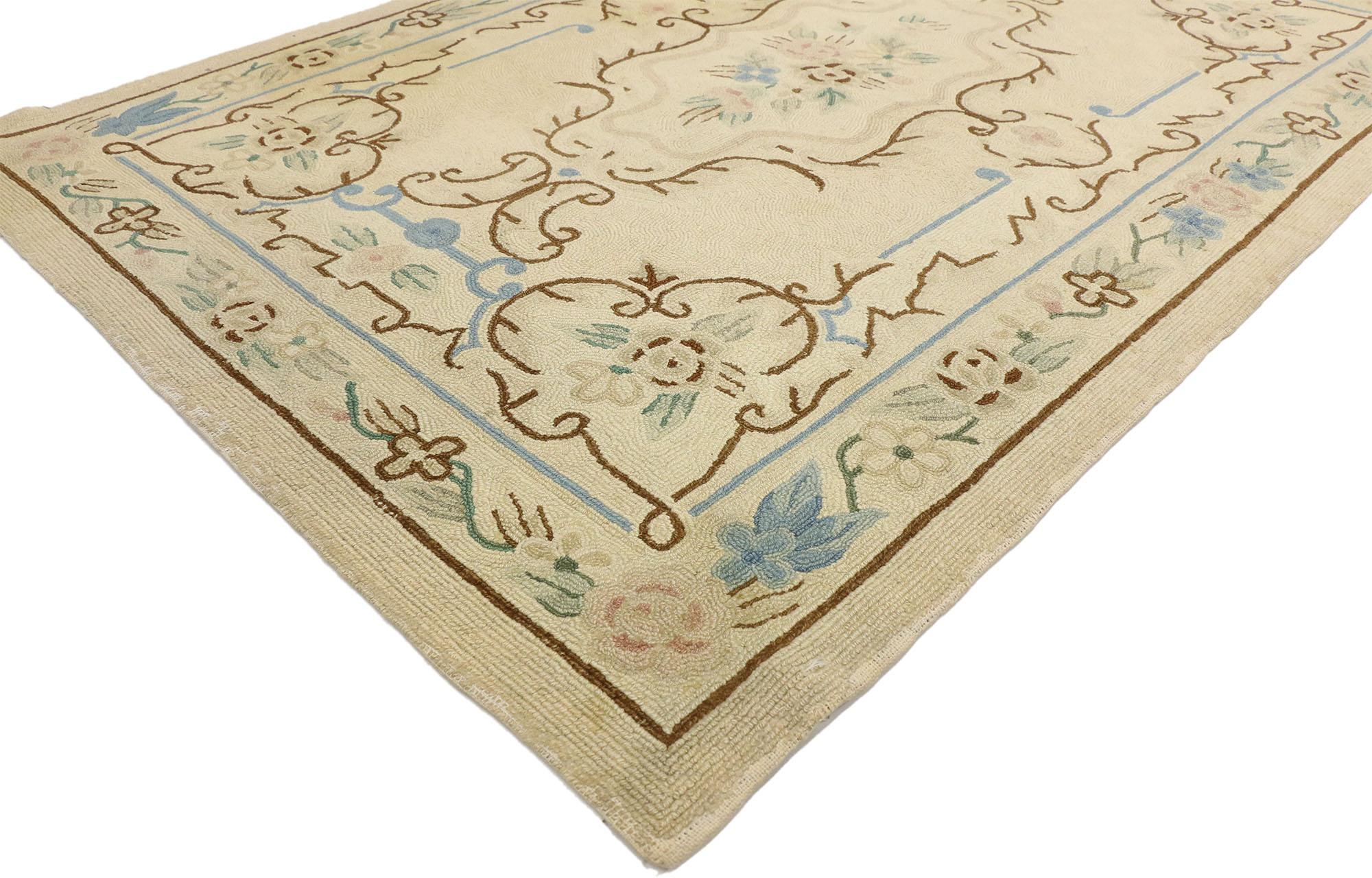 70861 Vintage Chinese Aubusson Floral Hooked Rug, 04'01 x 05'10. Vintage Chinese floral hooked rugs with Aubusson design are captivating decorative pieces that blend traditional Chinese artistry with the sophisticated elegance of the renowned French