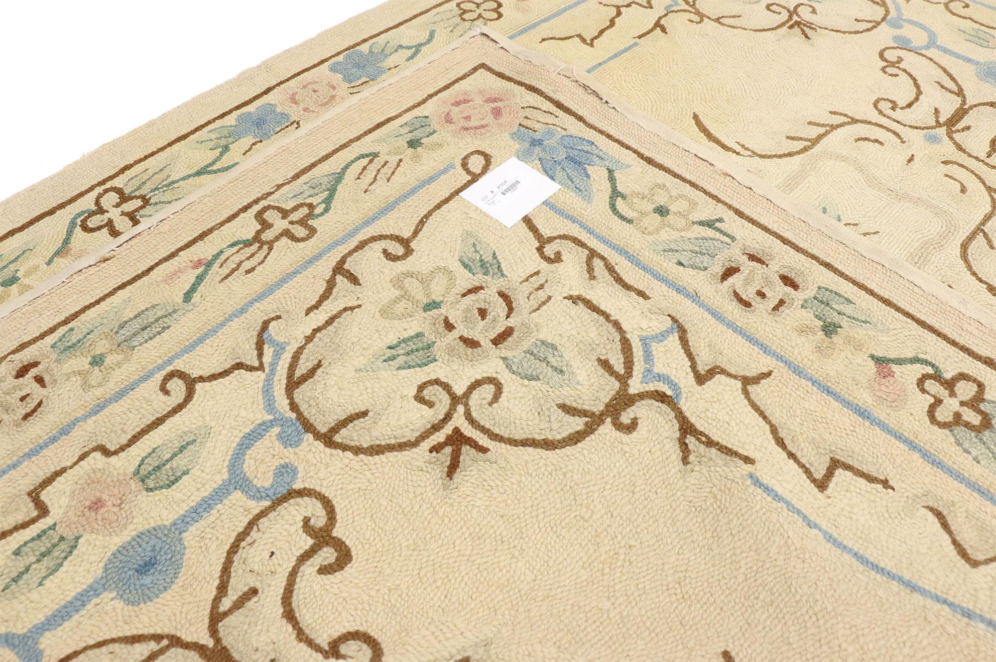 Wool Vintage Chinese Aubusson Floral Hooked Rug For Sale