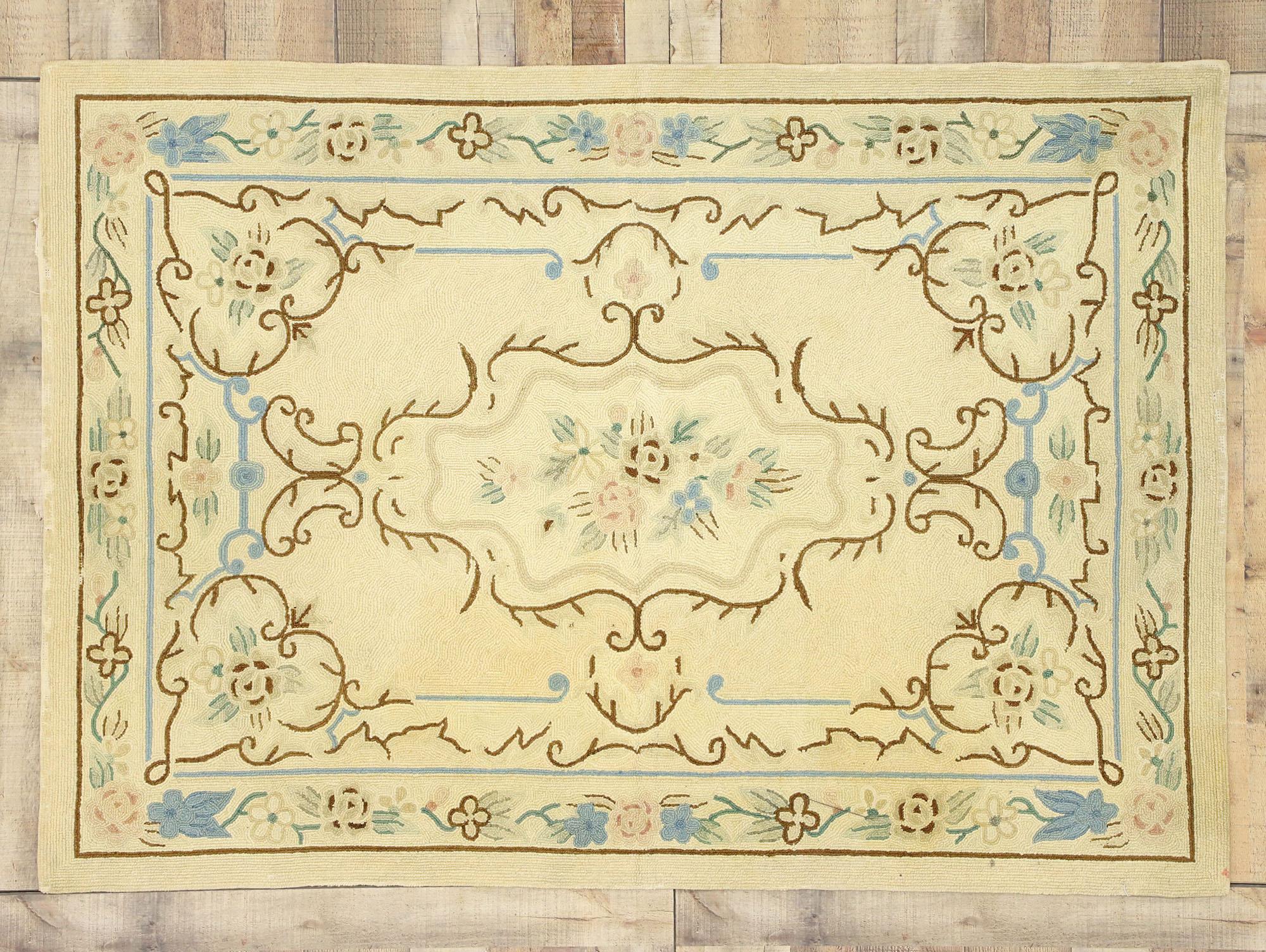 Wool Vintage Chinese Aubusson Floral Hooked Rug For Sale