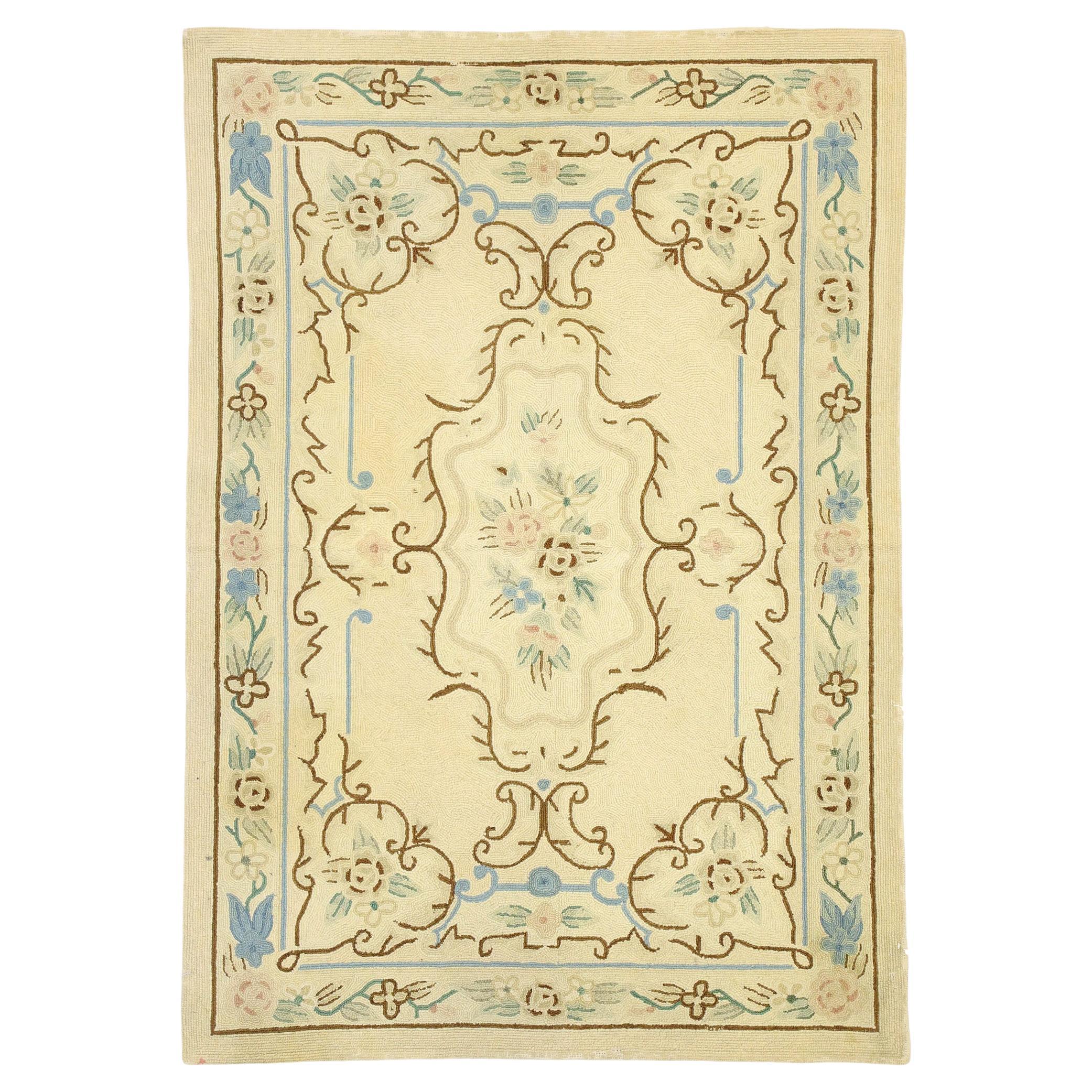 Vintage Chinese Aubusson Floral Hooked Rug