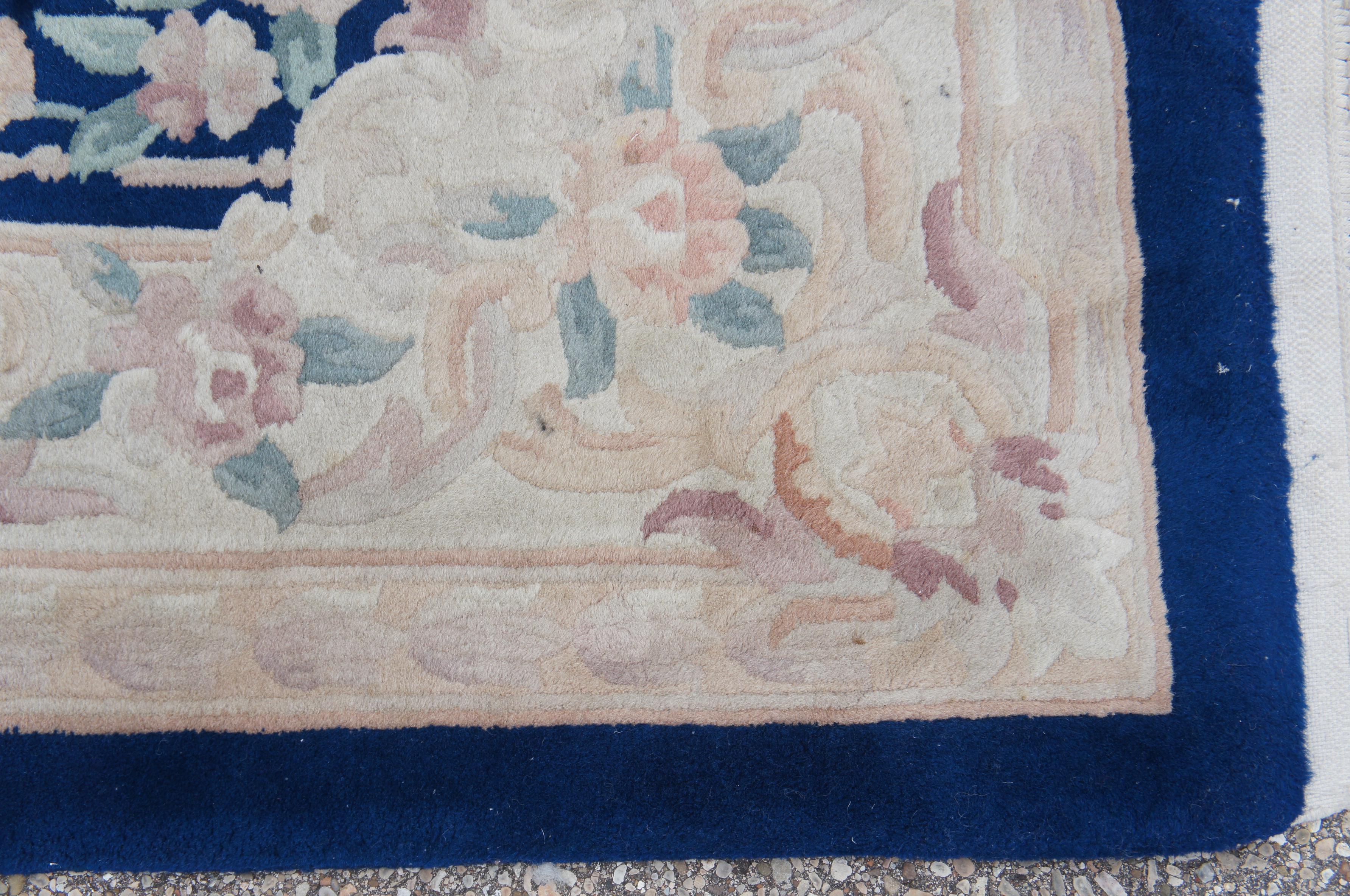 Vintage Chinese Aubusson Oriental Medallion Area Rug Carpet Blue In Good Condition For Sale In Dayton, OH