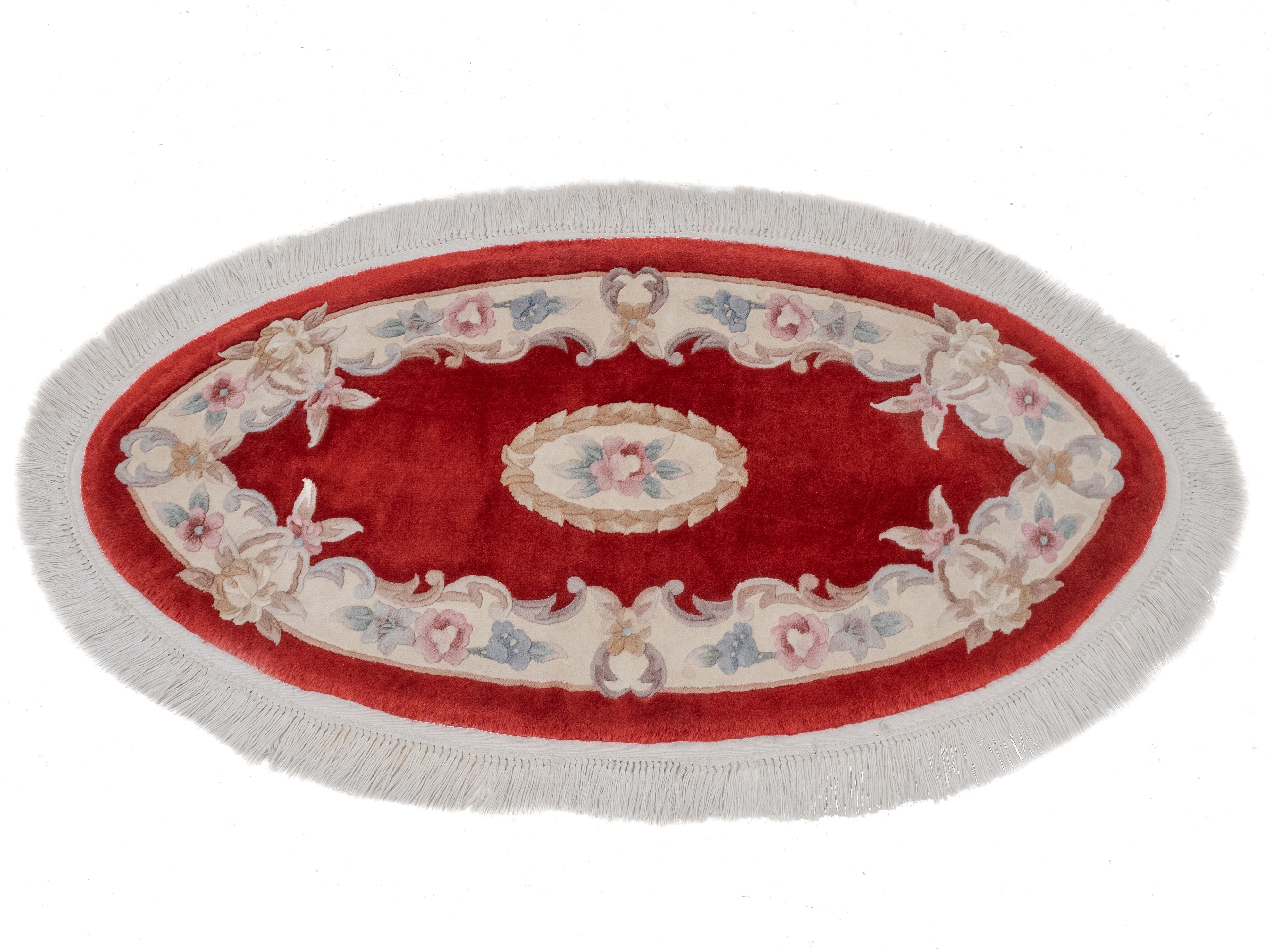 Cinese Tappeto vintage cinese Aubusson ovale tessuto a mano rosso 5'3
