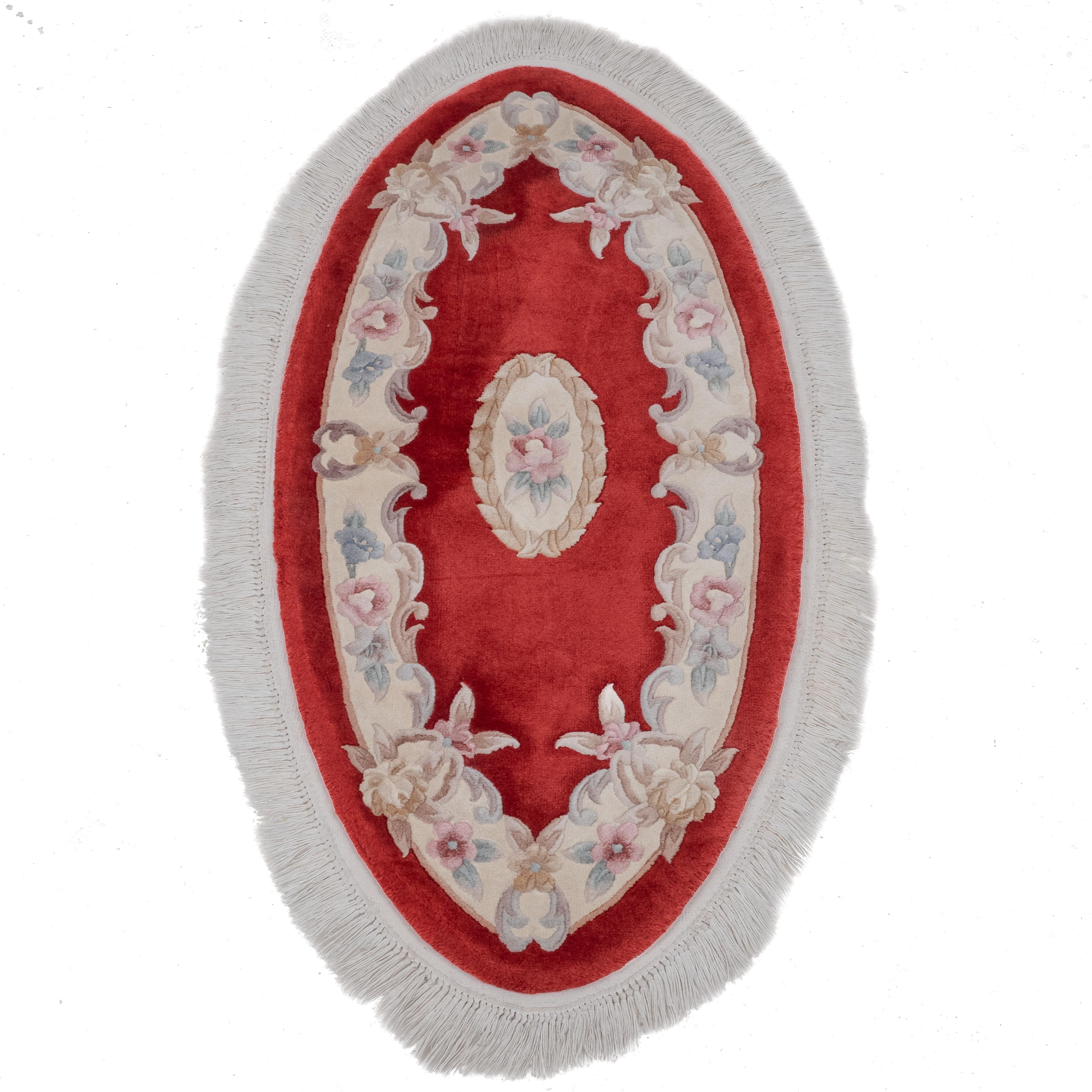 Tessuto a mano Tappeto vintage cinese Aubusson ovale tessuto a mano rosso 5'3