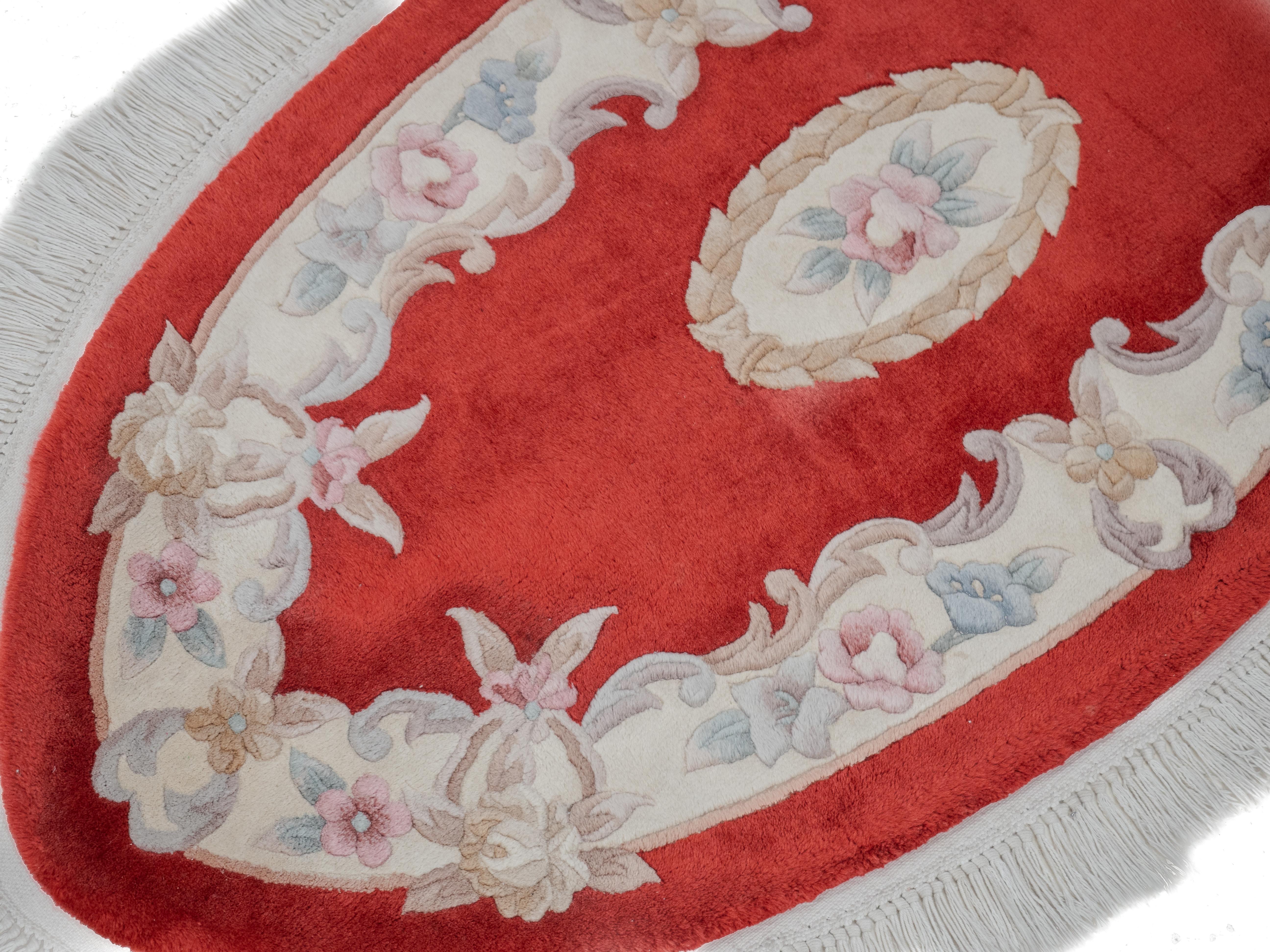 Lana Tappeto vintage cinese Aubusson ovale tessuto a mano rosso 5'3