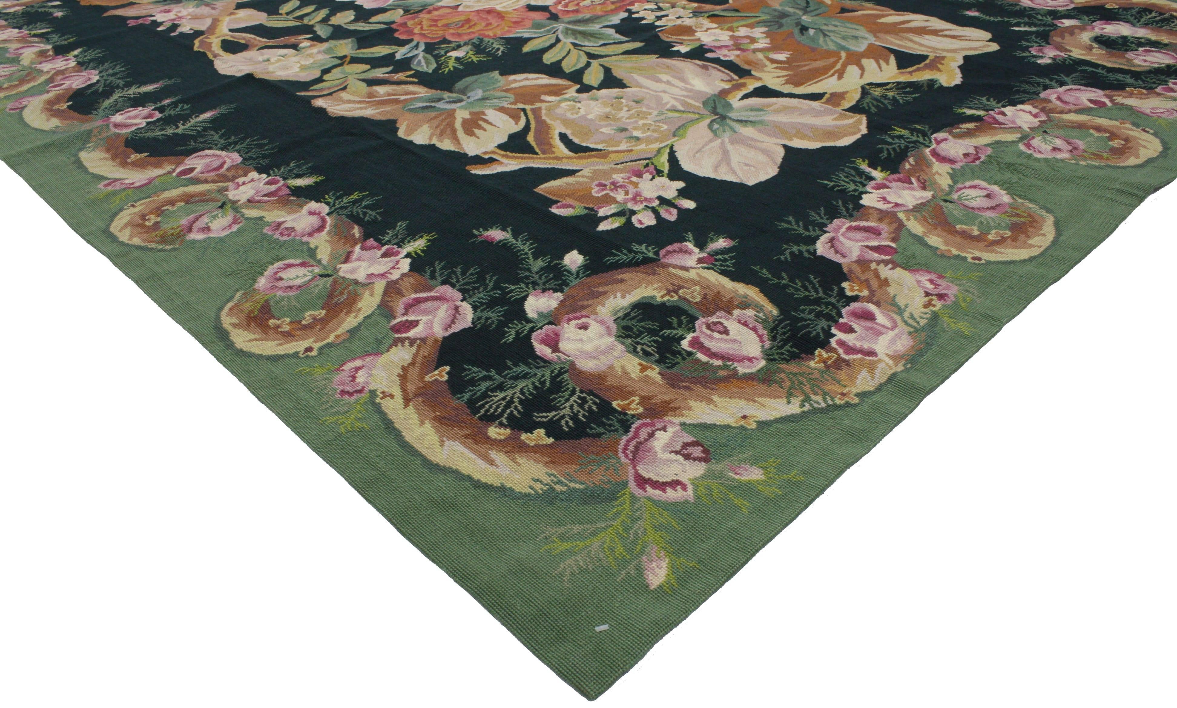 76661, vintage Chinese Aubusson style needlepoint rug with French Provincial style. This vintage Aubusson style needlepoint rug features a large-scale floral bouquet showing the intricate detailing of roses, florals and leaves. A double colored
