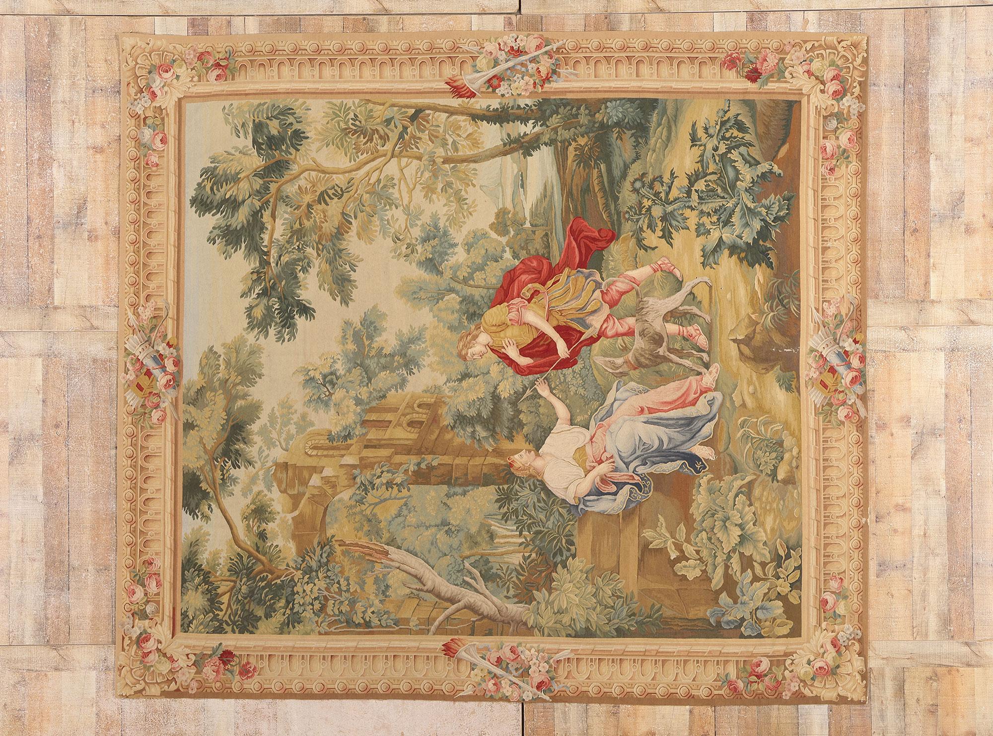 Vintage Chinese Aubusson Tapestry with Zephyrus and Flora Ovid’s Metamorphoses For Sale 4