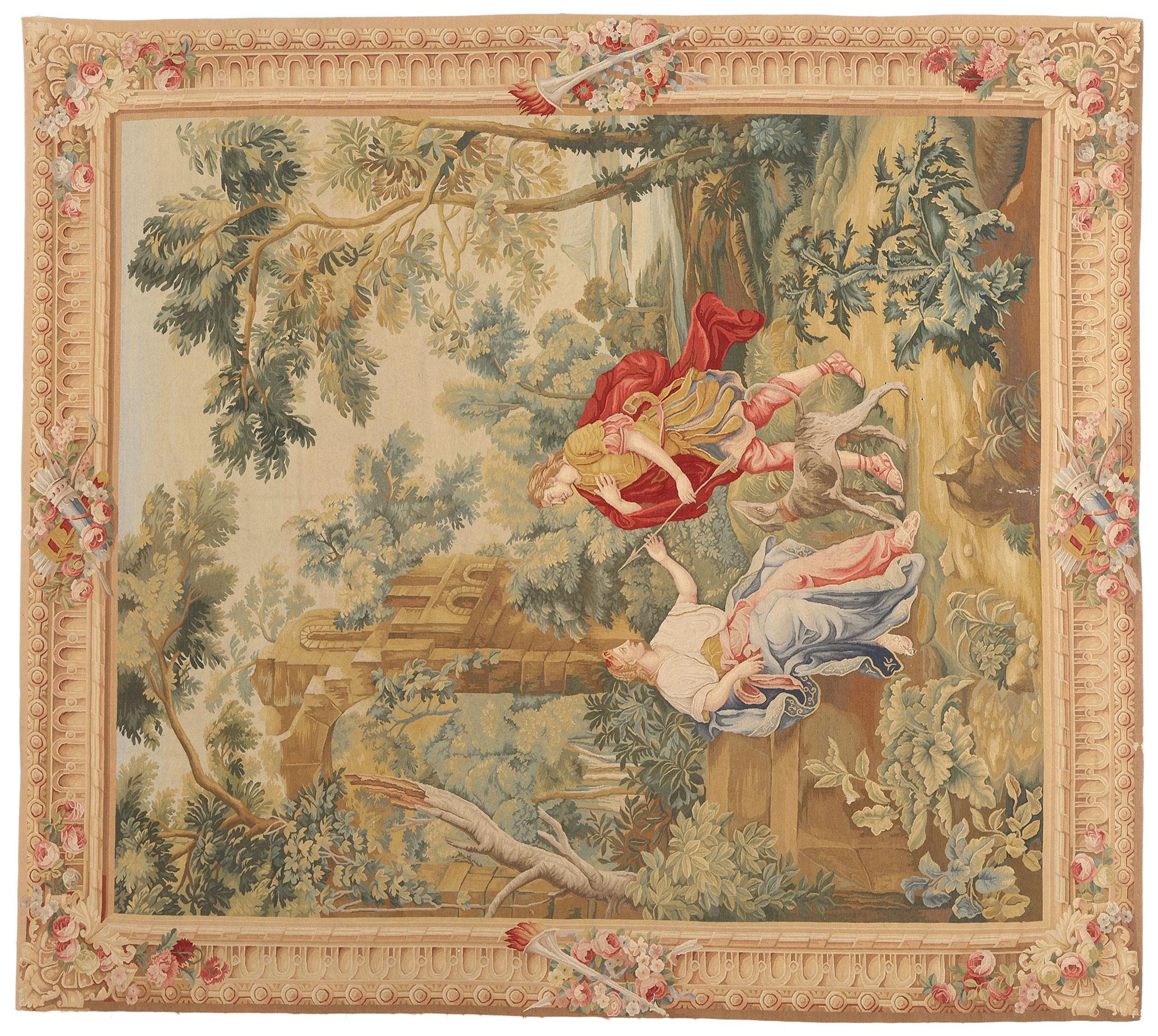 Vintage Chinese Aubusson Tapestry with Zephyrus and Flora Ovid’s Metamorphoses For Sale 5