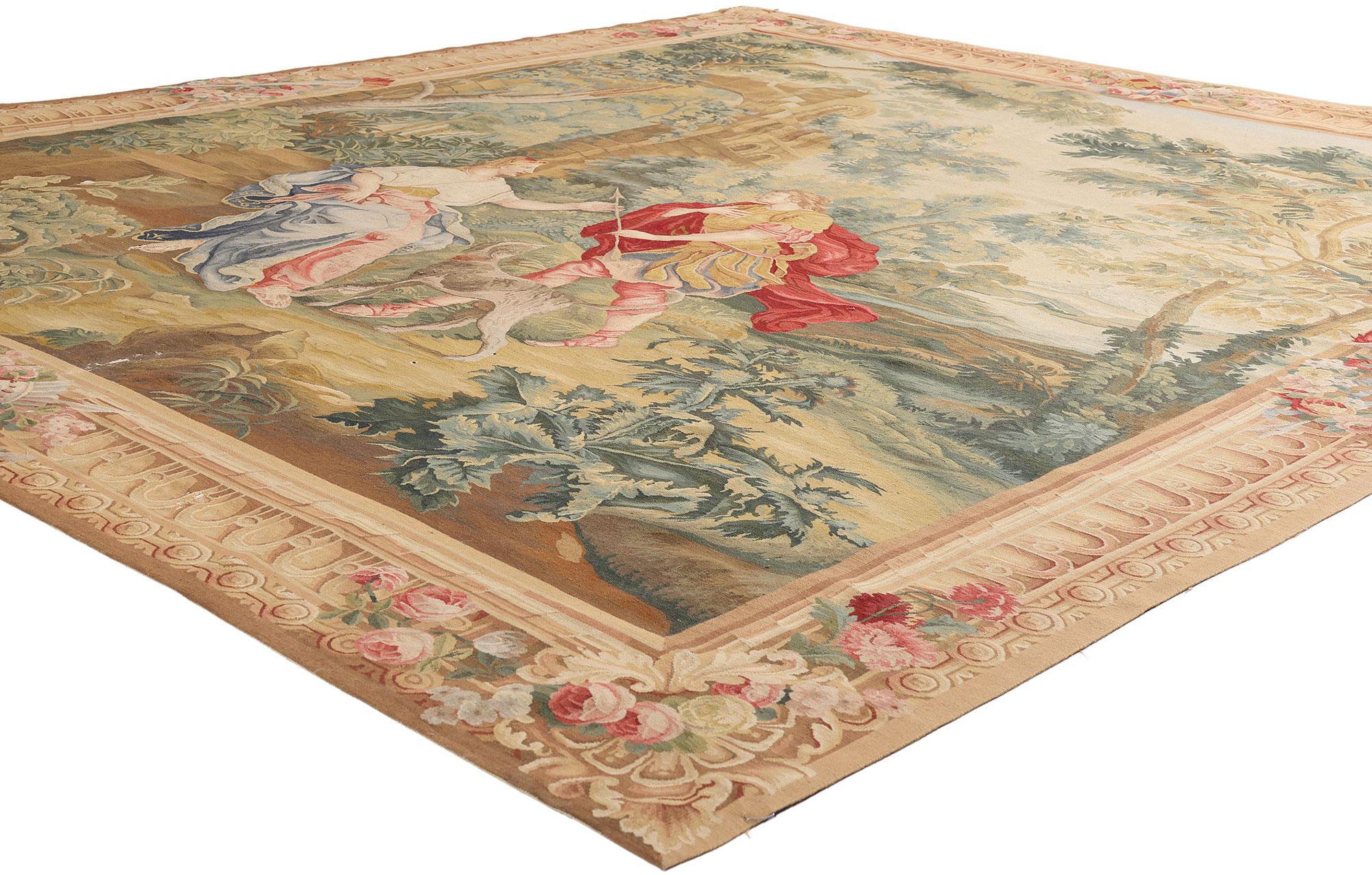 79231 Vintage Chinese Aubusson Tapestry, 08'07 x 09'07. Woven in homage to the allegorical splendor of 18th-century France, this handwoven wool vintage Chinese Aubusson tapestry is a masterwork of romantic storytelling, rendered through the enduring