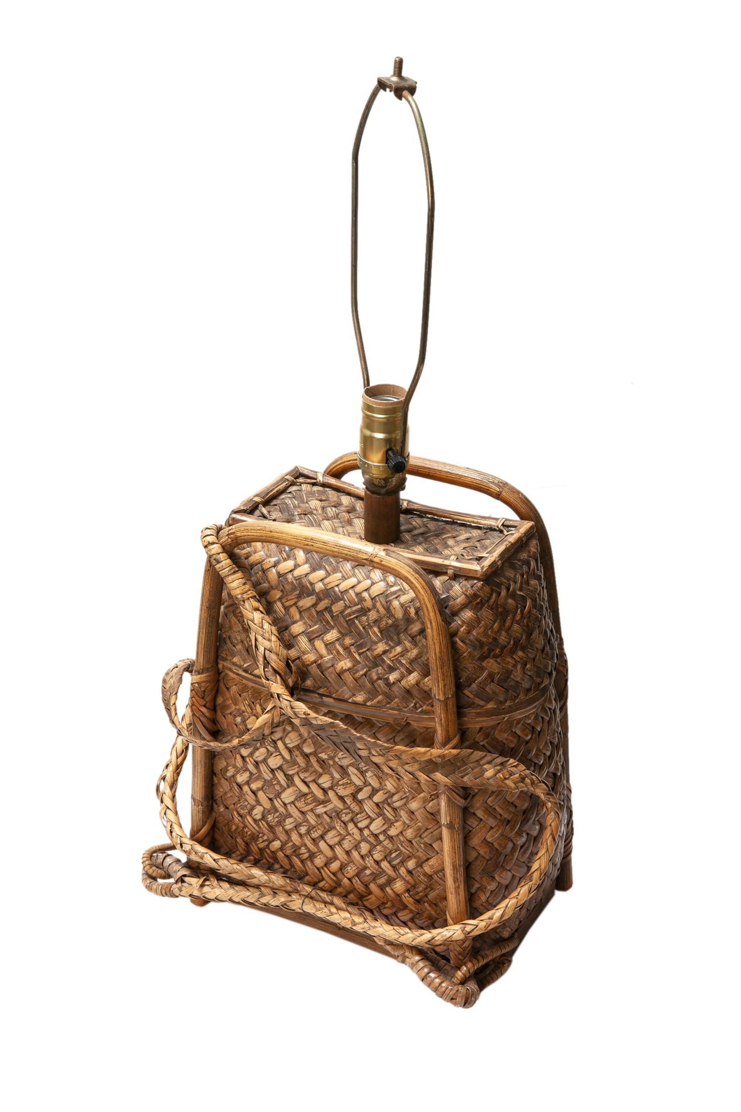Vintage Chinese Bamboo Backpack Lamp with Burlap Shade 3