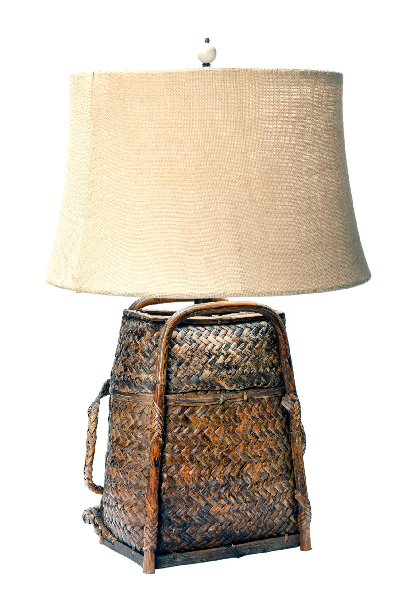 Other Vintage Chinese Bamboo Backpack Lamp with Burlap Shade