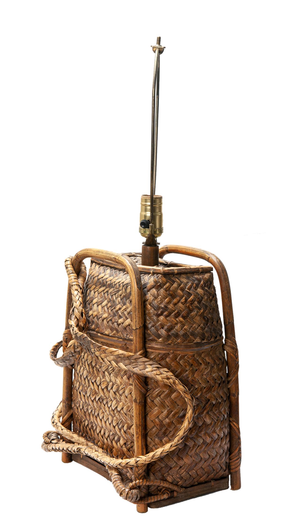 Hand-Crafted Vintage Chinese Bamboo Backpack Lamp with Burlap Shade