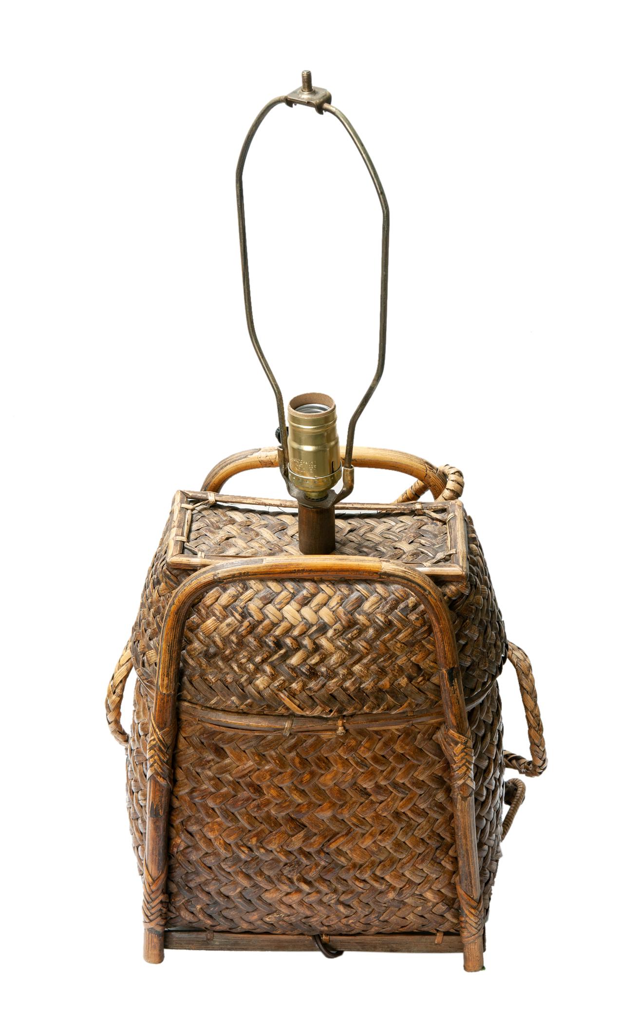 Vintage Chinese Bamboo Backpack Lamp with Burlap Shade 2