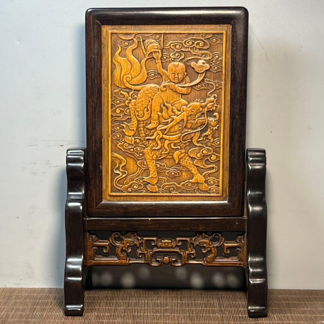 Vintage Chinese Bamboo Carving Kylin-Child Plaque with Wooden Frame & Stand For Sale 6