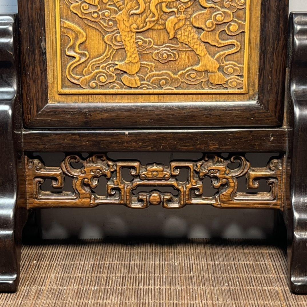 19th Century Vintage Chinese Bamboo Carving Kylin-Child Plaque with Wooden Frame & Stand For Sale