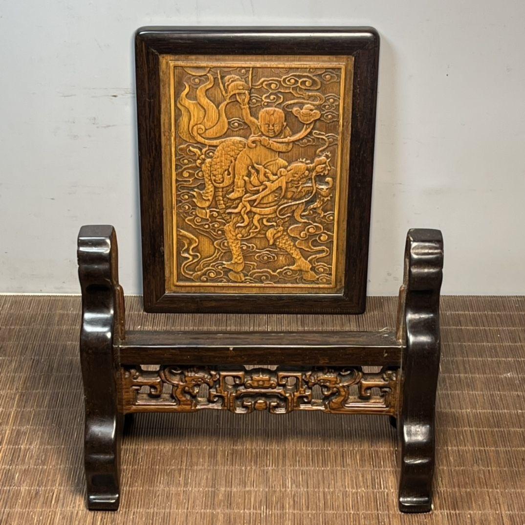 Vintage Chinese Bamboo Carving Kylin-Child Plaque with Wooden Frame & Stand For Sale 3