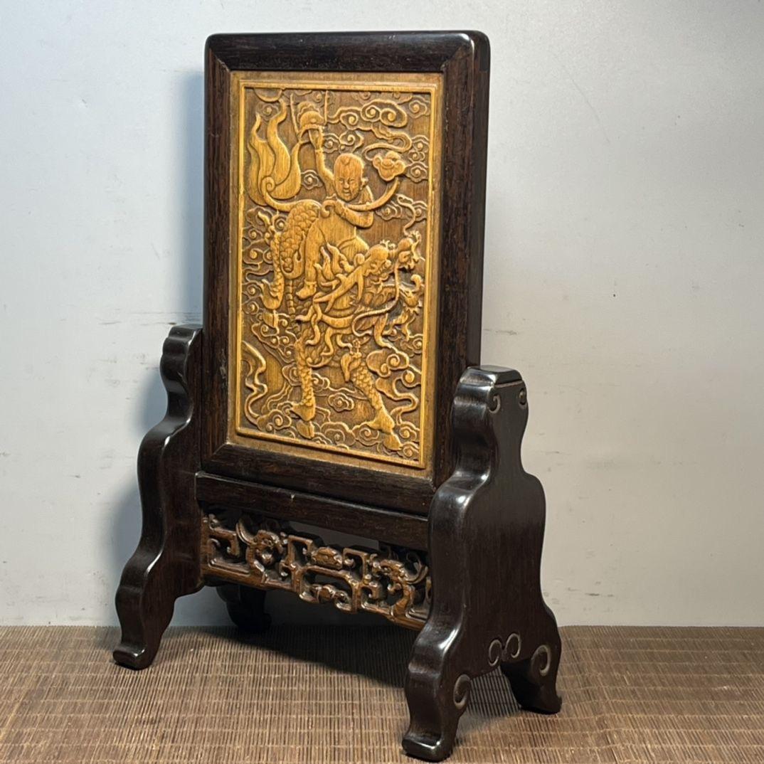Vintage Chinese Bamboo Carving Kylin-Child Plaque with Wooden Frame & Stand For Sale 4