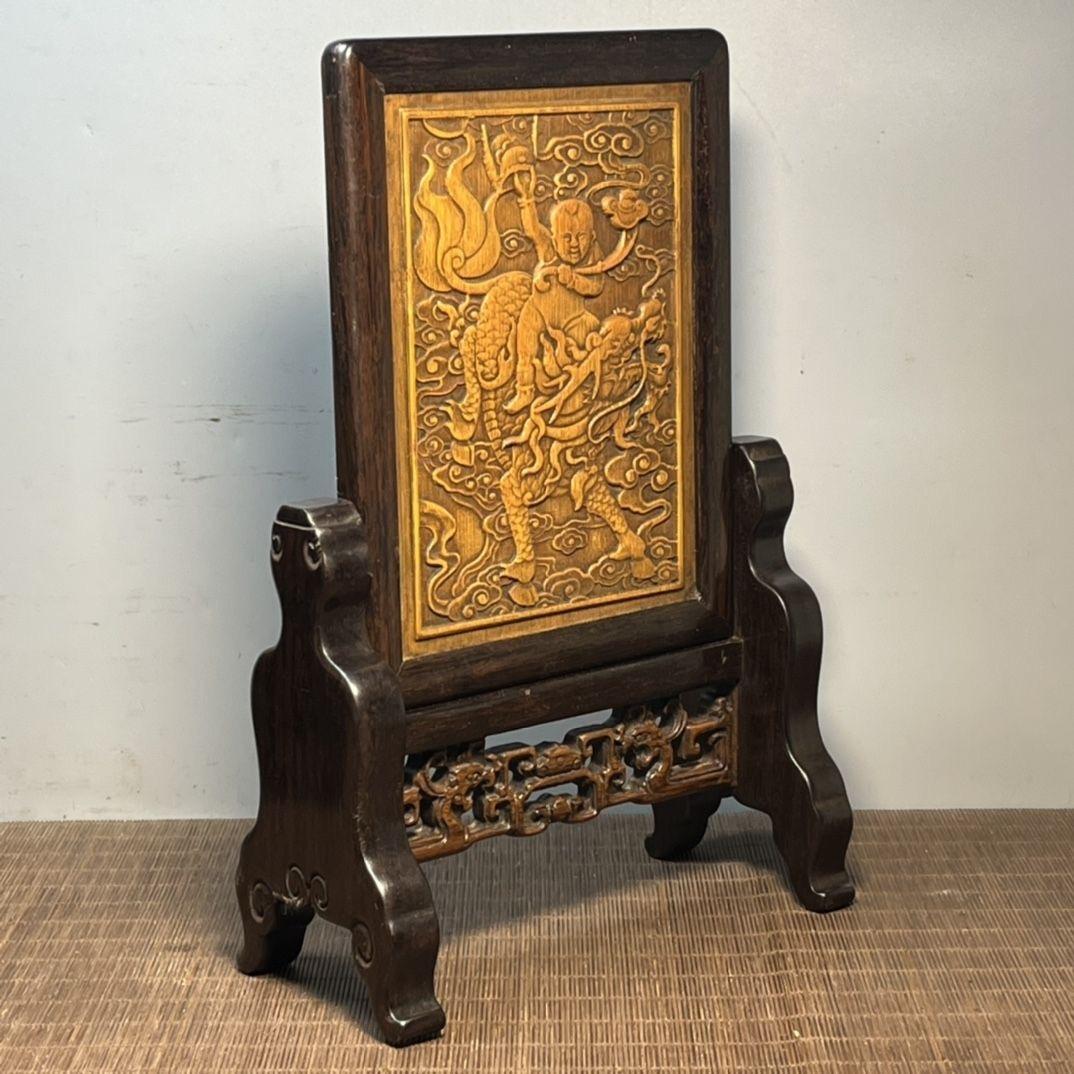 Vintage Chinese Bamboo Carving Kylin-Child Plaque with Wooden Frame & Stand For Sale 5