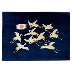 Vintage Chinese Baotou Pictorial Rug With Nine Cranes