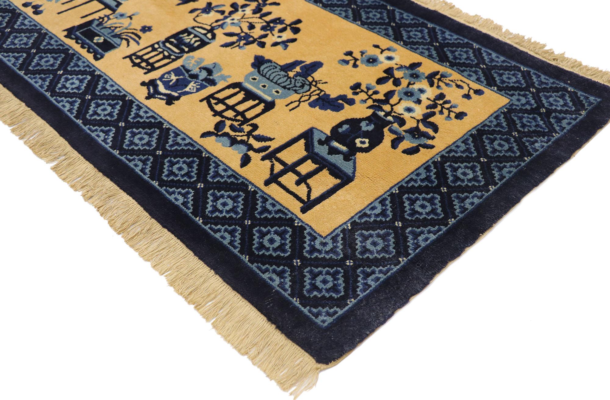77587, vintage Chinese Baotou Vase Pictorial rug with Chinese Chippendale style. This hand-knotted wool vintage Chinese Baotou pictorial rug features an abrashed tan field showcasing different types of cloisonné vases sprouting with stylized florals
