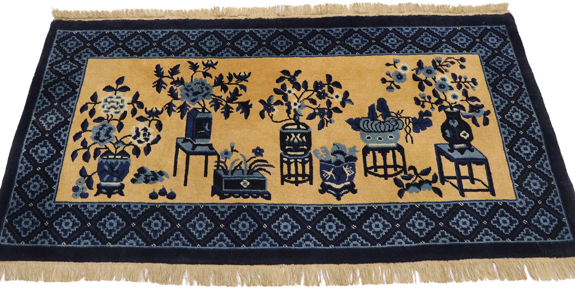 Hand-Knotted Vintage Chinese Baotou Vase Pictorial Rug with Chinese Chippendale Style For Sale