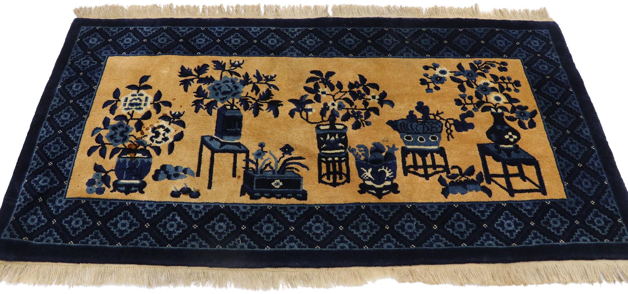 Art Deco Vintage Chinese Baotou Vase Pictorial Rug with Chinese Chippendale Style For Sale