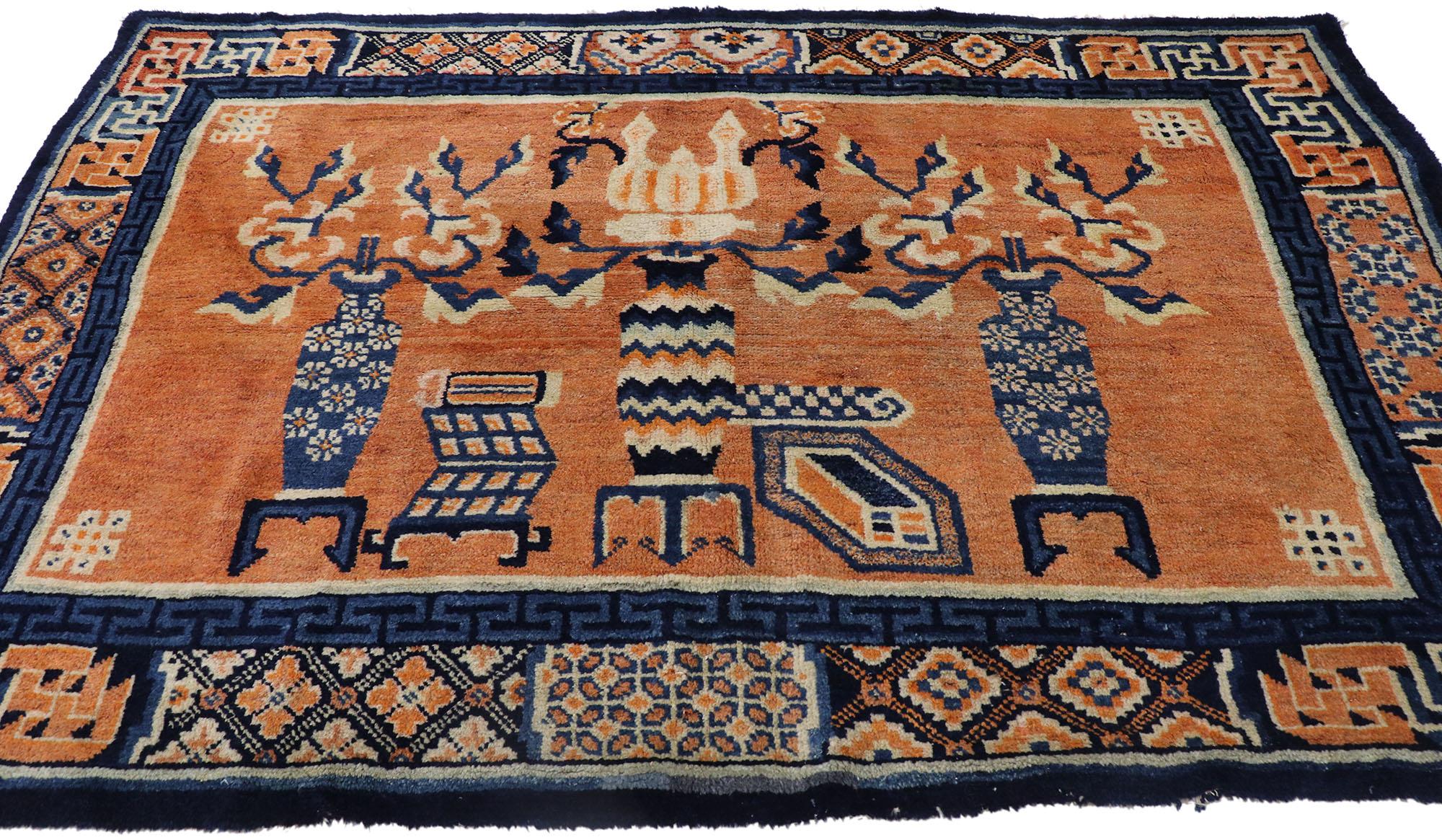 Hand-Woven Vintage Chinese Baotou Vase Pictorial Rug with Chinese Chippendale Style For Sale