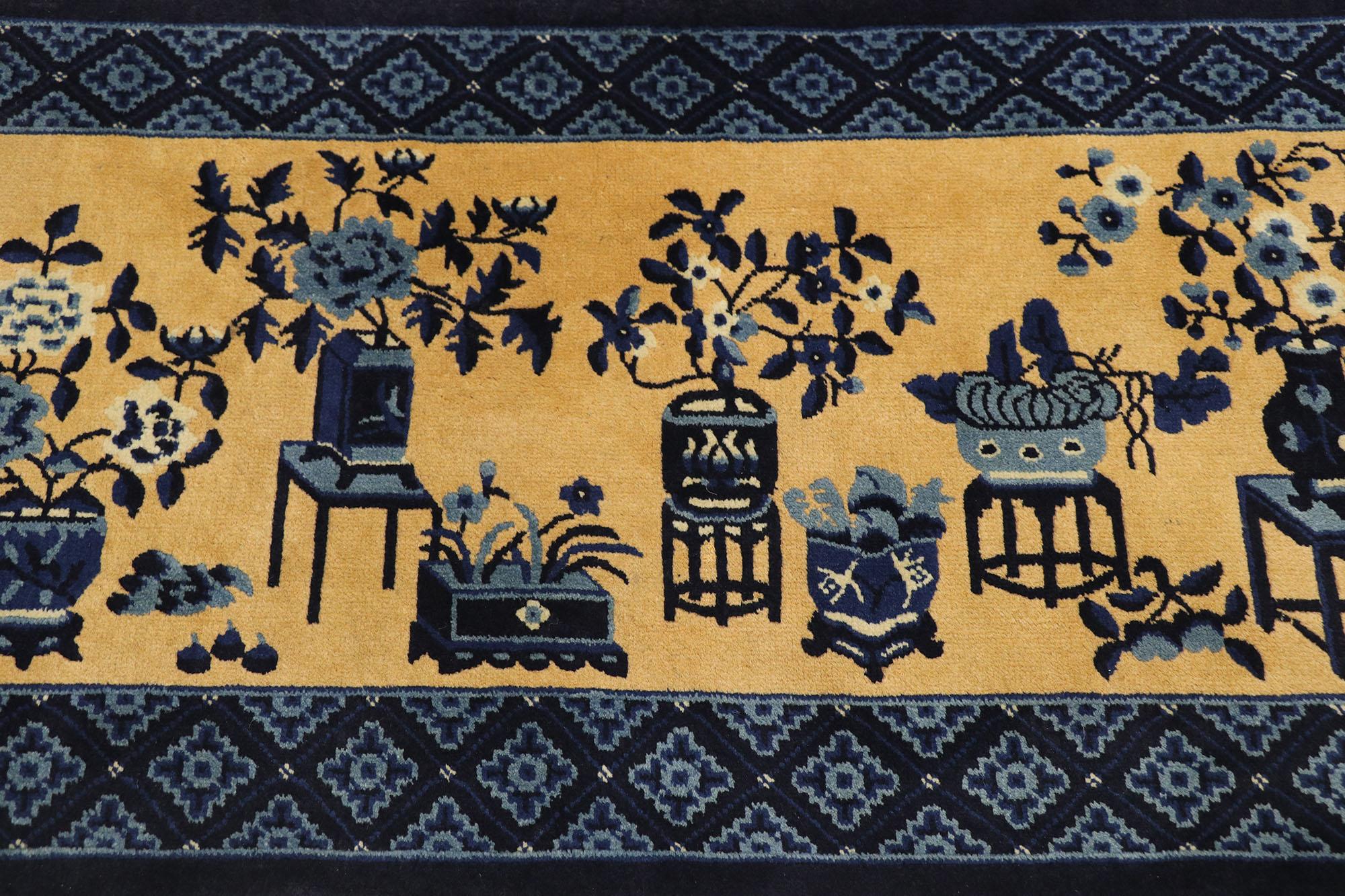 Vintage Chinese Baotou Vase Pictorial Rug with Chinese Chippendale Style In Good Condition For Sale In Dallas, TX