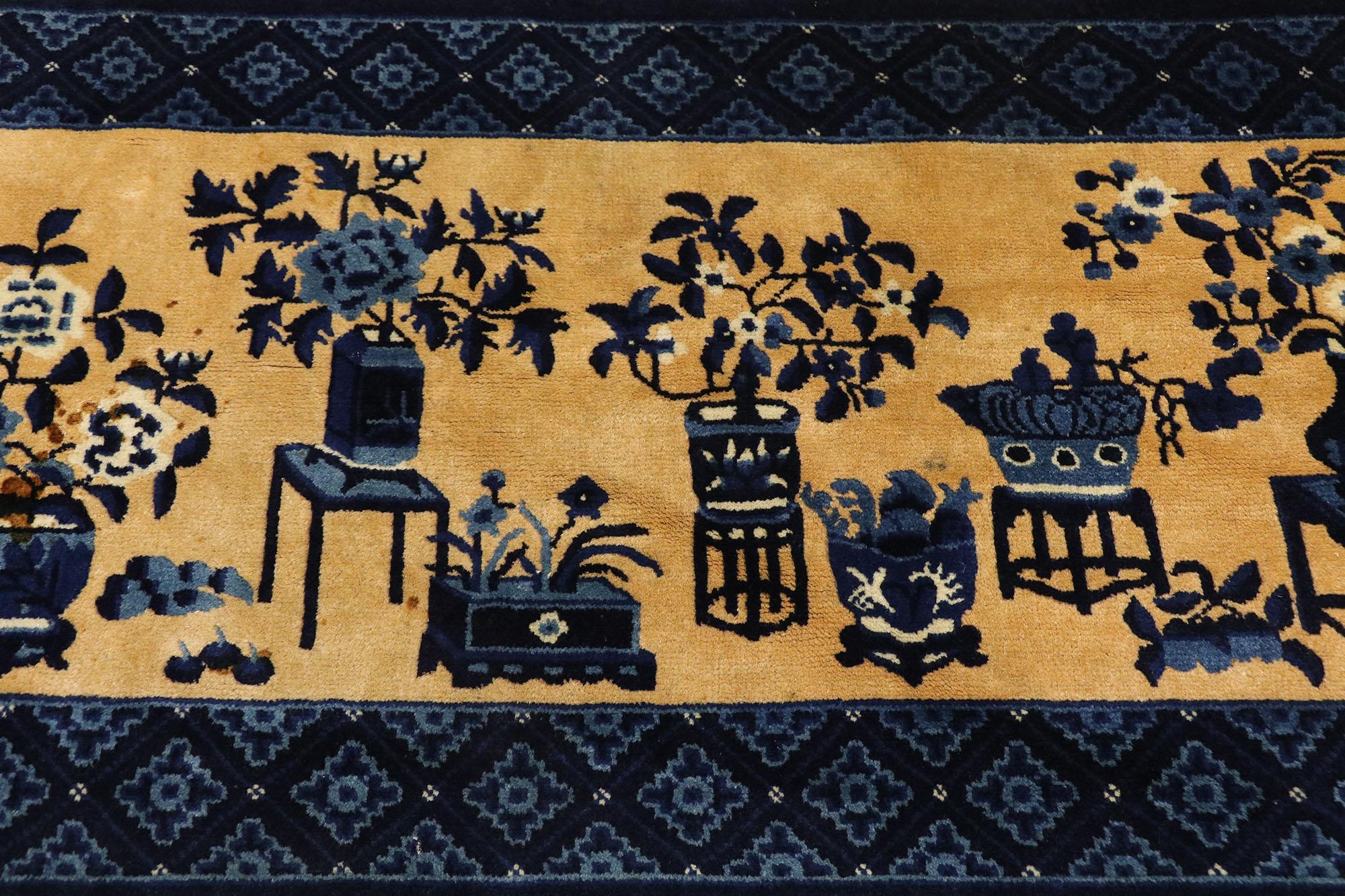 Hand-Knotted Vintage Chinese Baotou Vase Pictorial Rug with Chinese Chippendale Style For Sale
