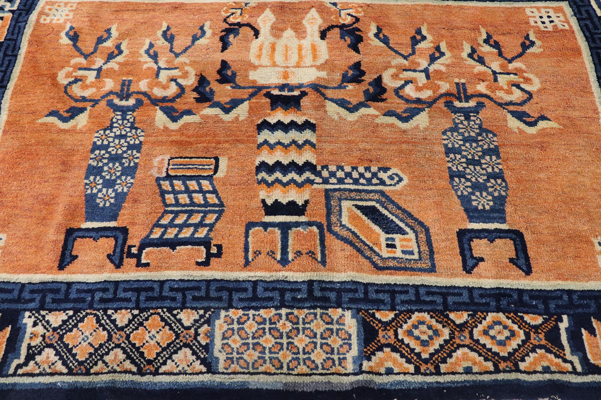 Vintage Chinese Baotou Vase Pictorial Rug with Chinese Chippendale Style In Good Condition For Sale In Dallas, TX