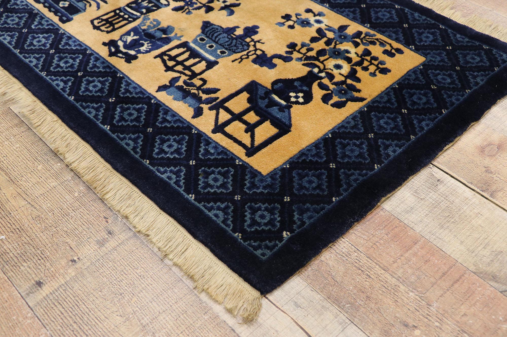 20th Century Vintage Chinese Baotou Vase Pictorial Rug with Chinese Chippendale Style For Sale