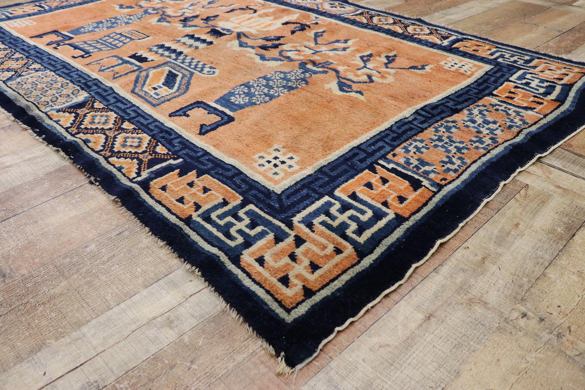 Wool Vintage Chinese Baotou Vase Pictorial Rug with Chinese Chippendale Style For Sale