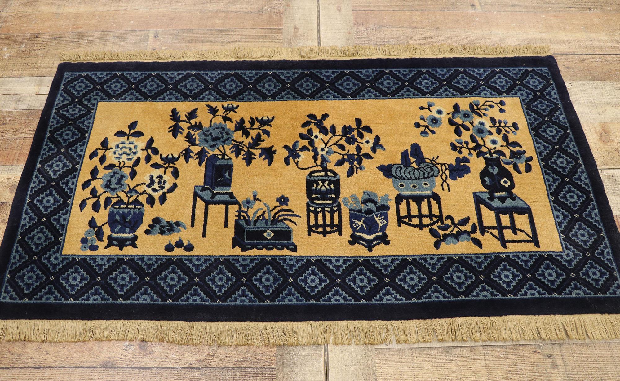 Vintage Chinese Baotou Vase Pictorial Rug with Chinese Chippendale Style For Sale 1