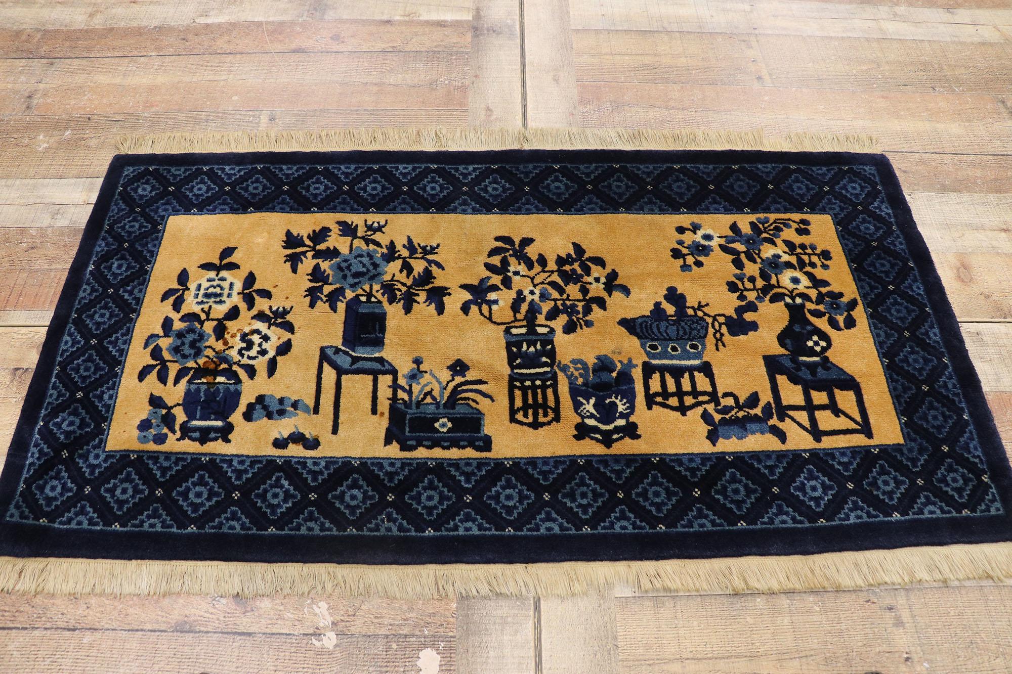 Wool Vintage Chinese Baotou Vase Pictorial Rug with Chinese Chippendale Style For Sale