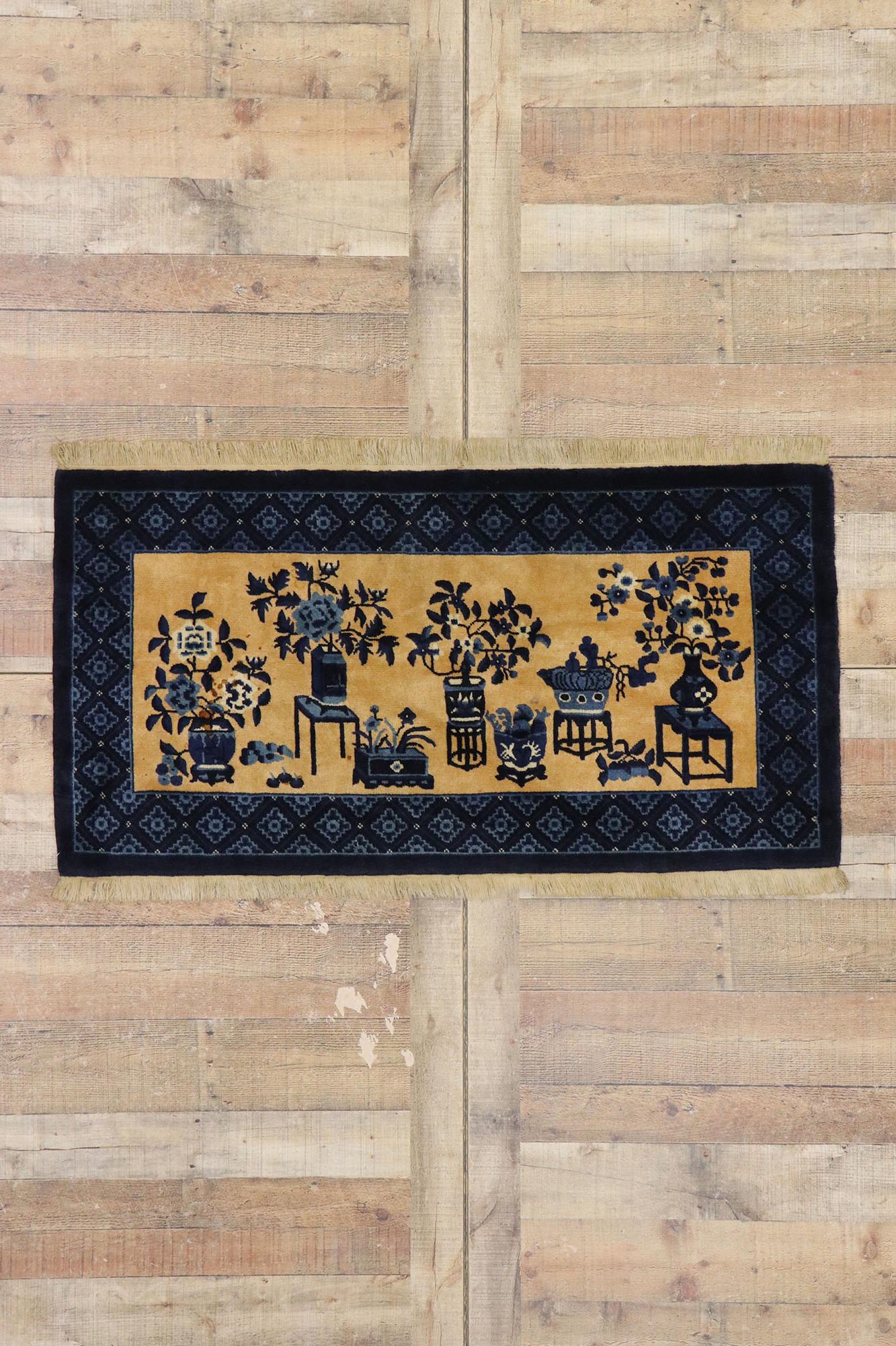 Vintage Chinese Baotou Vase Pictorial Rug with Chinese Chippendale Style For Sale 1