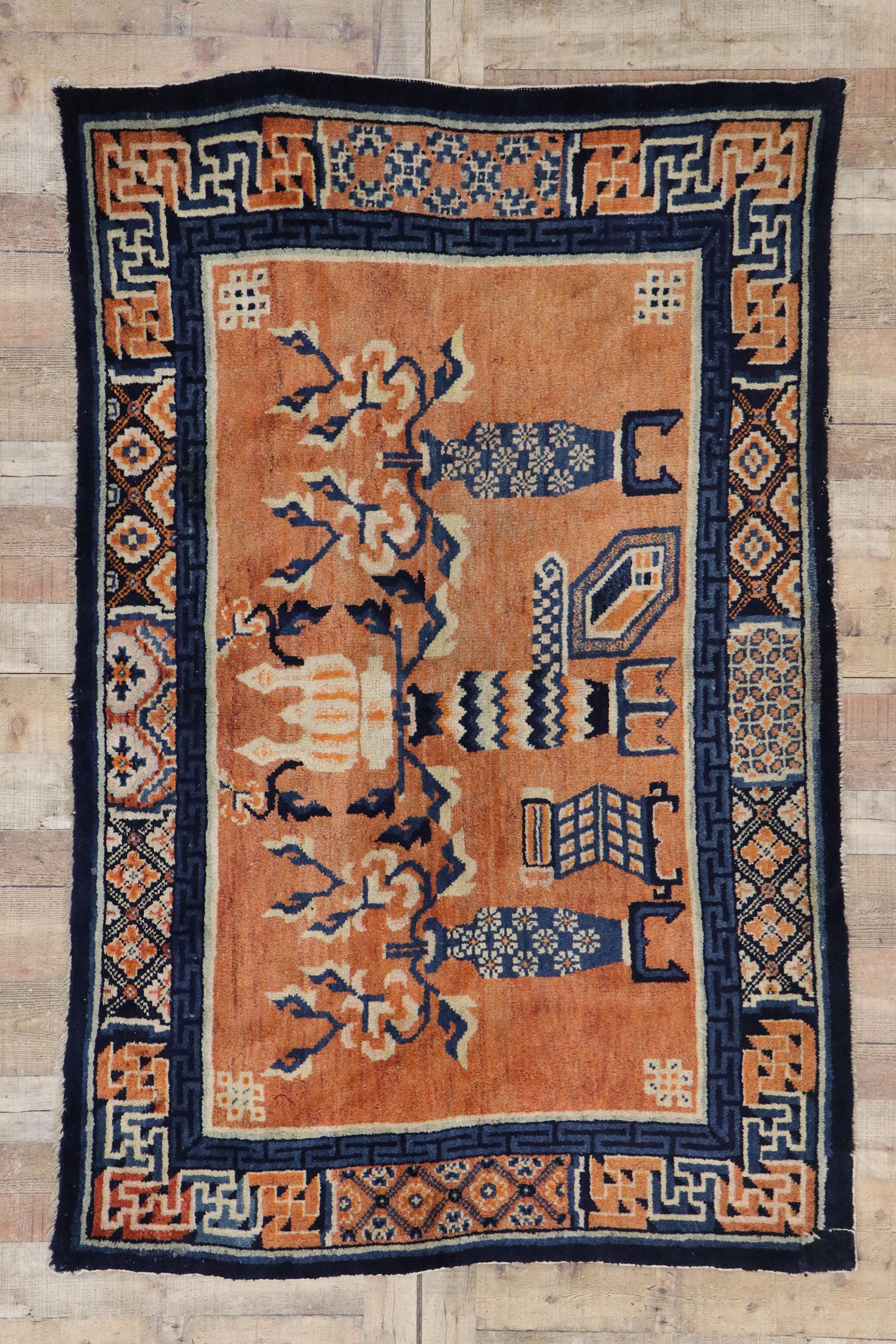 Vintage Chinese Baotou Vase Pictorial Rug with Chinese Chippendale Style For Sale 2