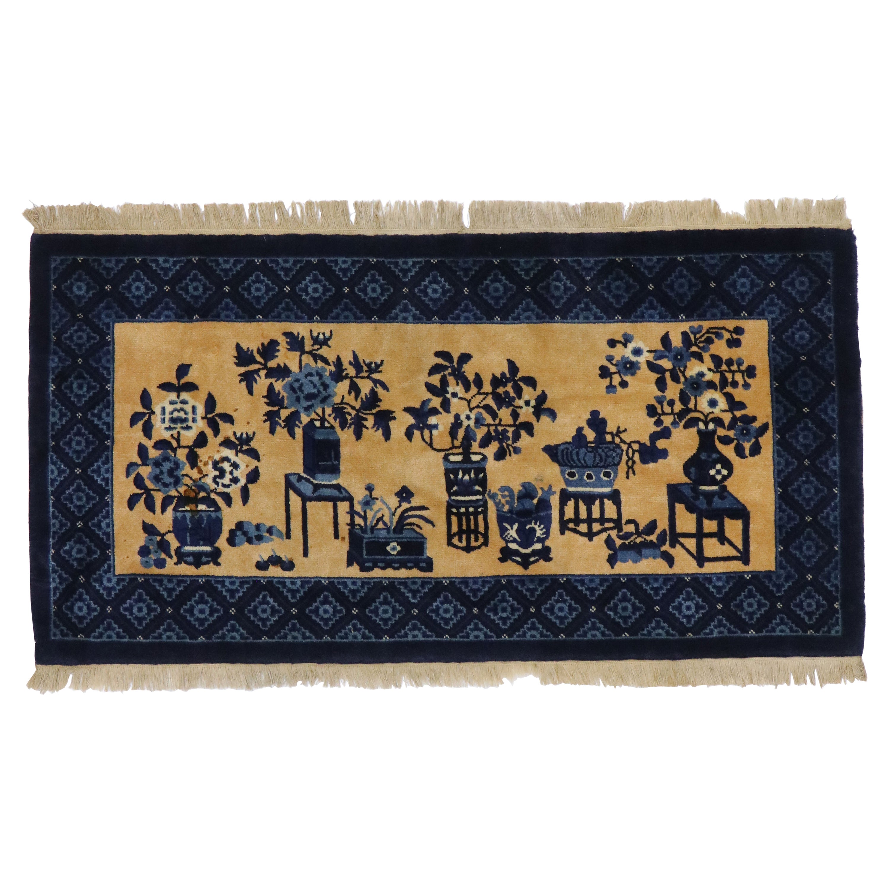 Tapis pictural chinois vintage à vase Baotou avec style Chippendale chinois en vente