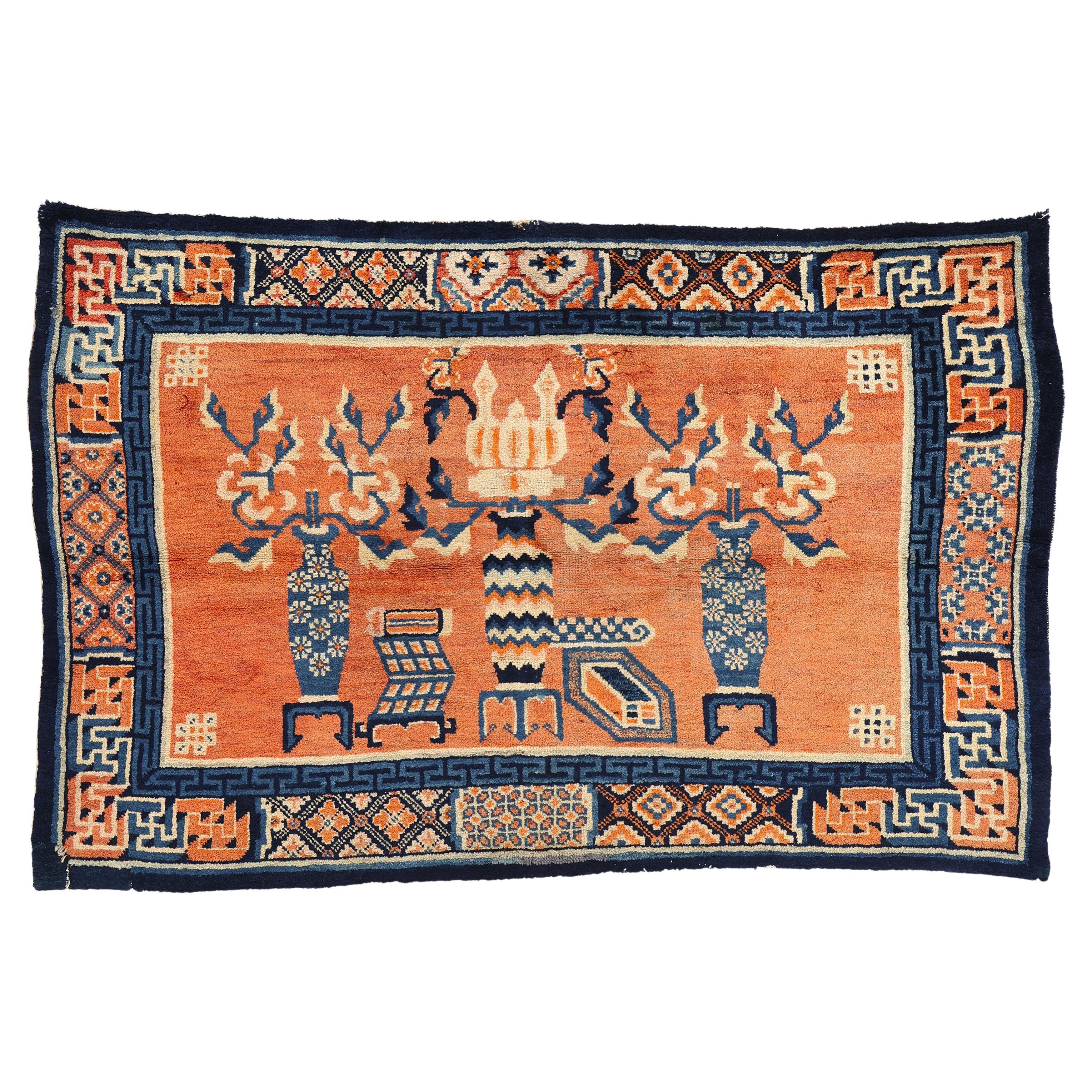 Vintage Orange Chinese Baotou Vase Pictorial Carpet For Sale