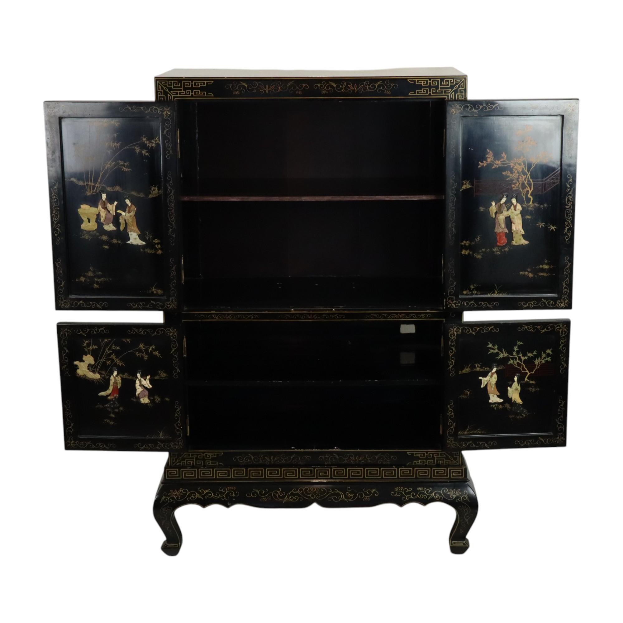 Mueble Bar Vintage Chino Madera Lacada Negra Jabonera Nácar Incrustación